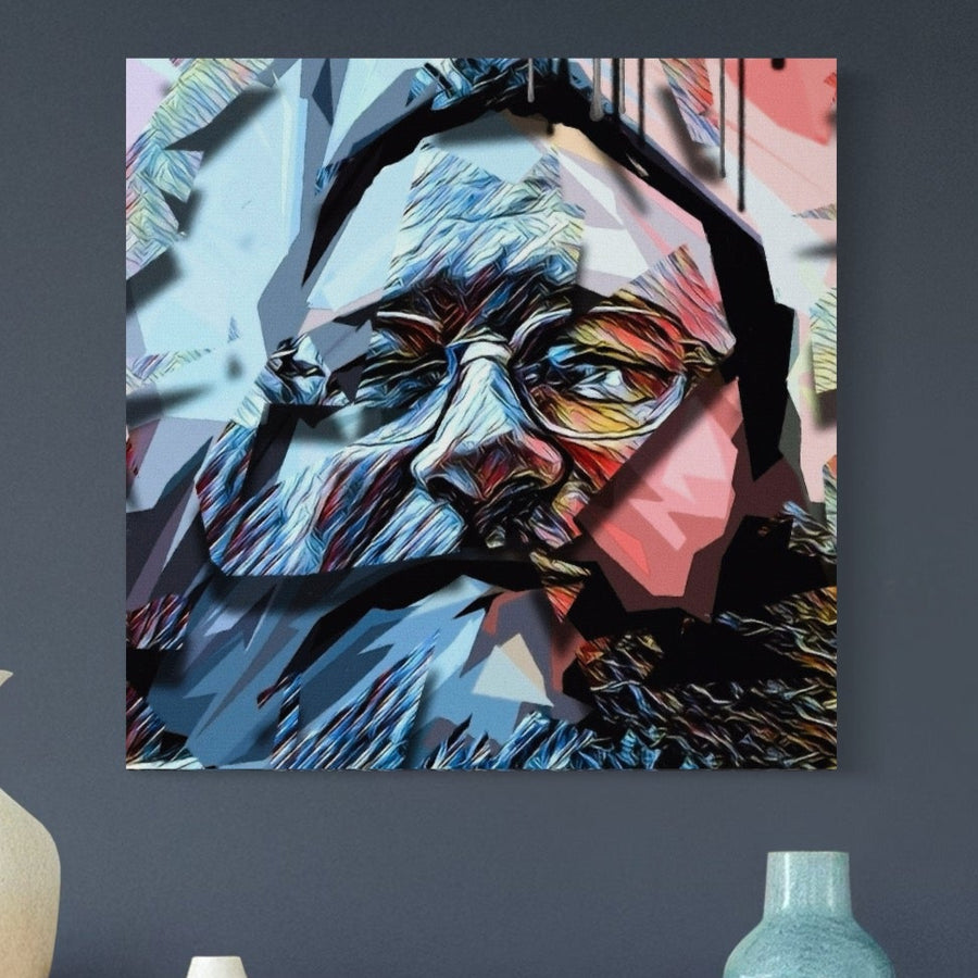 Tablou Canvas Premium C1052 de la LuxCanva® prezintă un chip abstract de bătrân în culori vibrante cu accente aurii, perfect pentru sufragerii sau birouri, adăugând stil îndrăzneț și relaxare spațiului dumneavoastră.