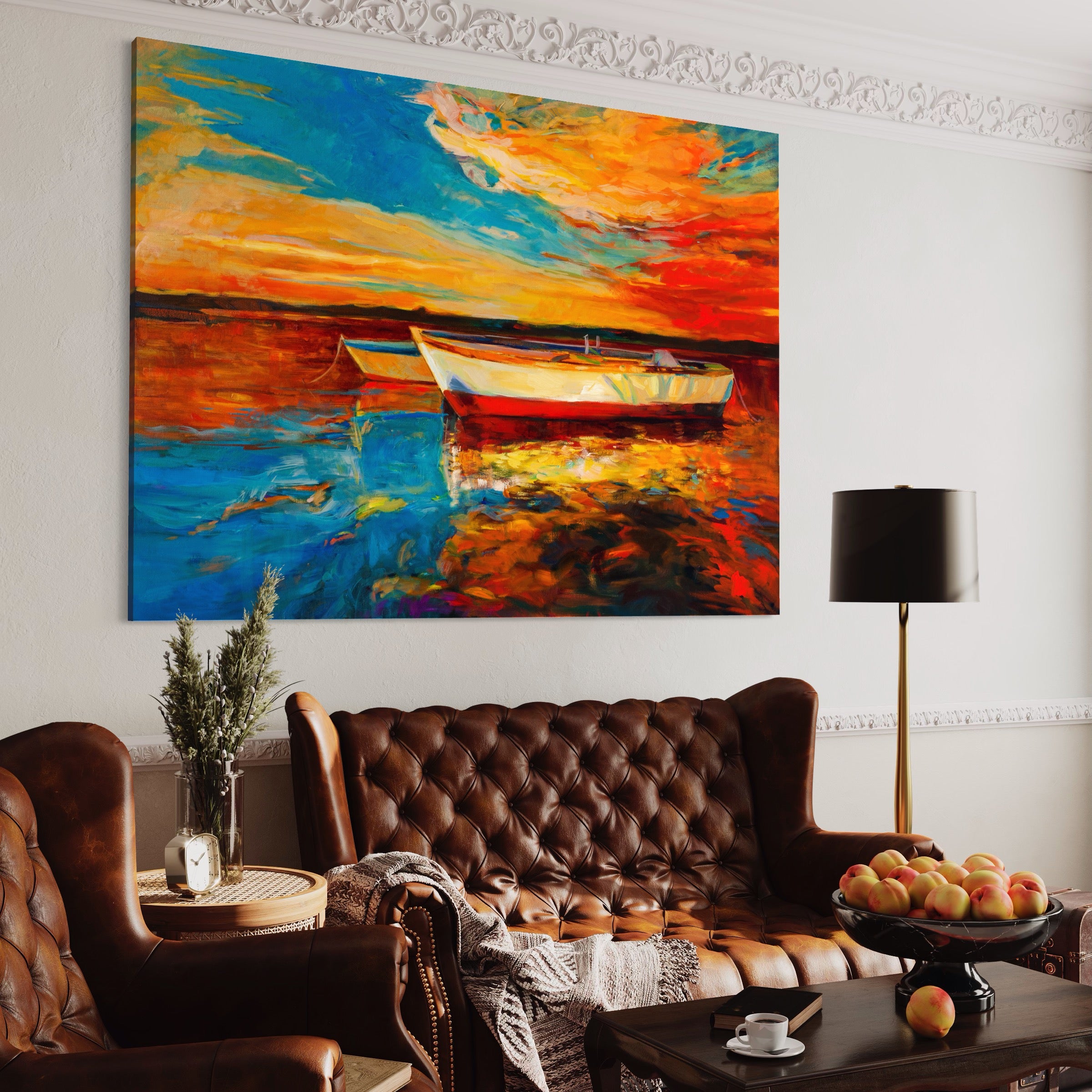 Tablou Canvas Premium LuxCanva® A1251, Apus Pe Mare, Decorativ, Living, Barci, Apa, Portocaliu, Cer, Dormitor, Culori Vibrante