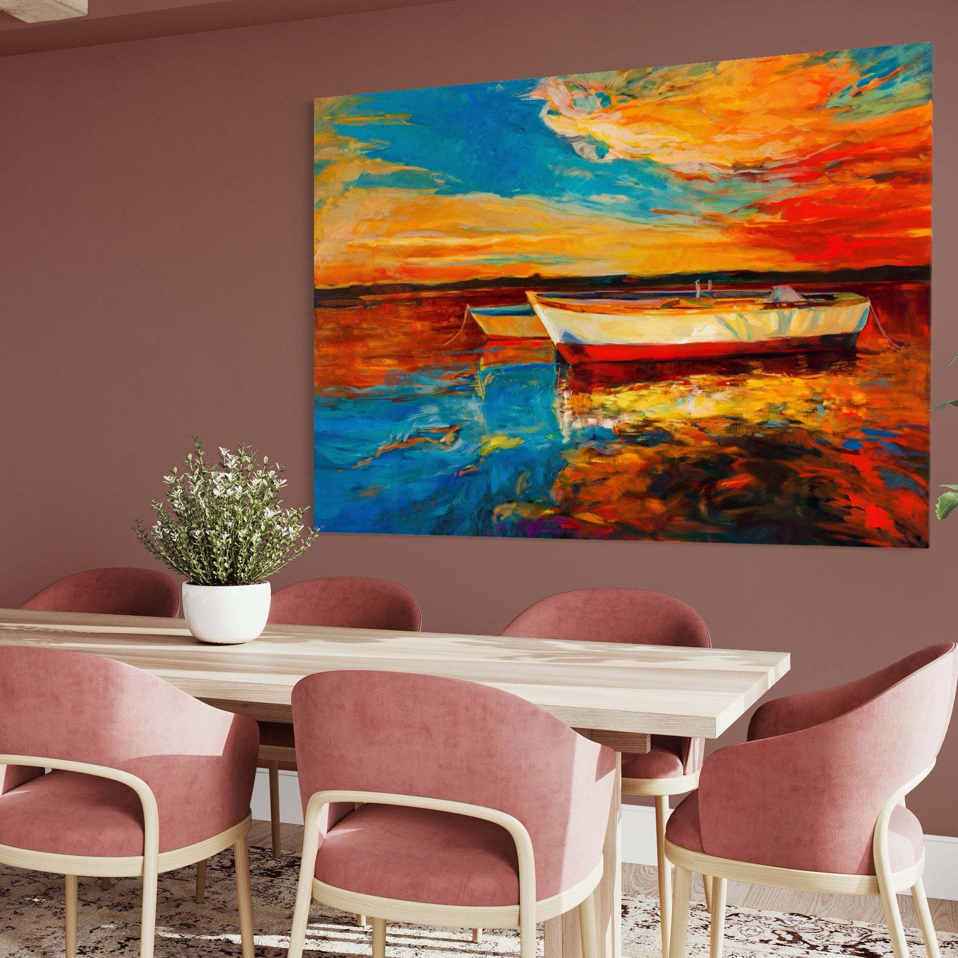 Tablou Canvas Premium LuxCanva® A1251, Apus Pe Mare, Decorativ, Living, Barci, Apa, Portocaliu, Cer, Dormitor, Culori Vibrante