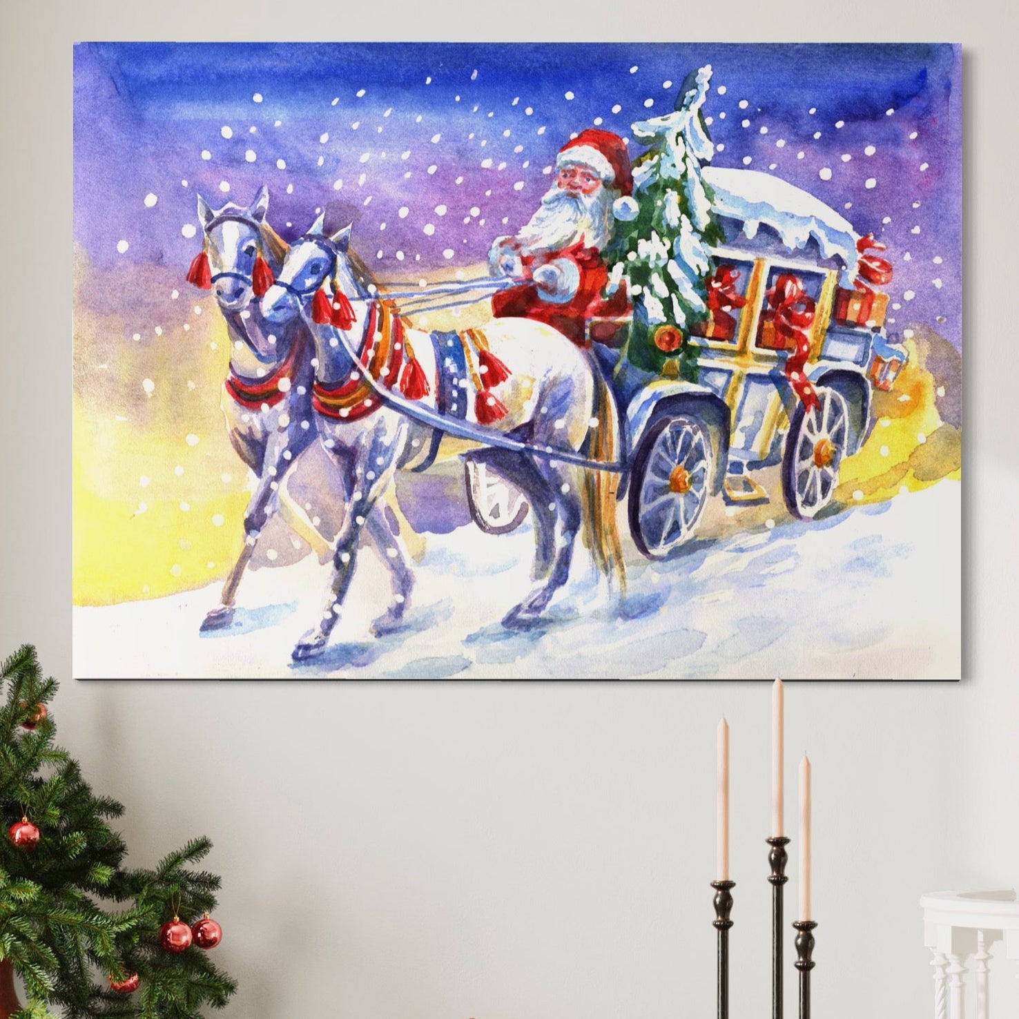 Tablou Canvas Premium LuxCanva® A1249, Mos Craciun , Decorativ, Living, Cai, Trasura, Brad, Zapada, Fulgi De Nea, Dormitor, Culori Vibrante