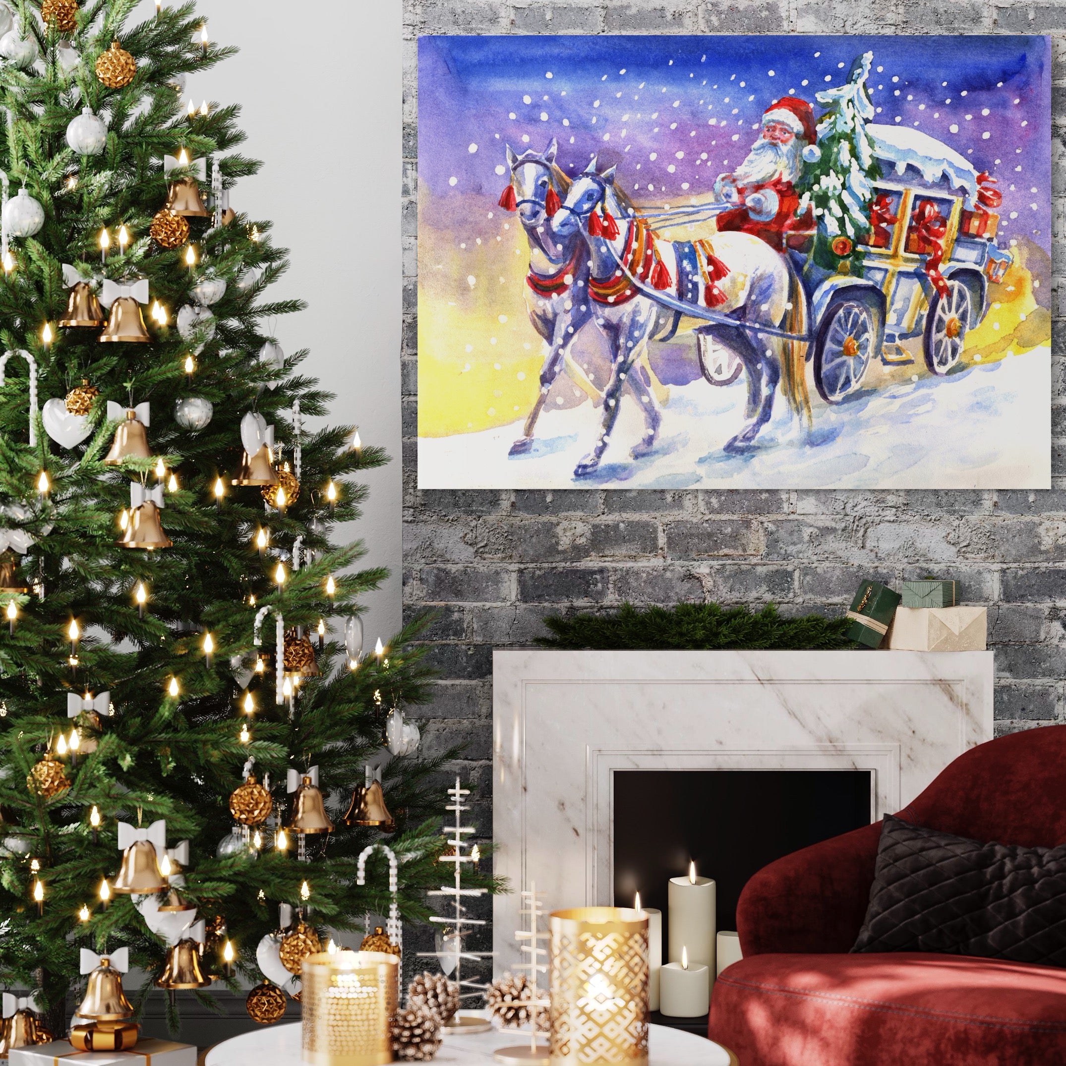Tablou Canvas Premium LuxCanva® A1249, Mos Craciun , Decorativ, Living, Cai, Trasura, Brad, Zapada, Fulgi De Nea, Dormitor, Culori Vibrante