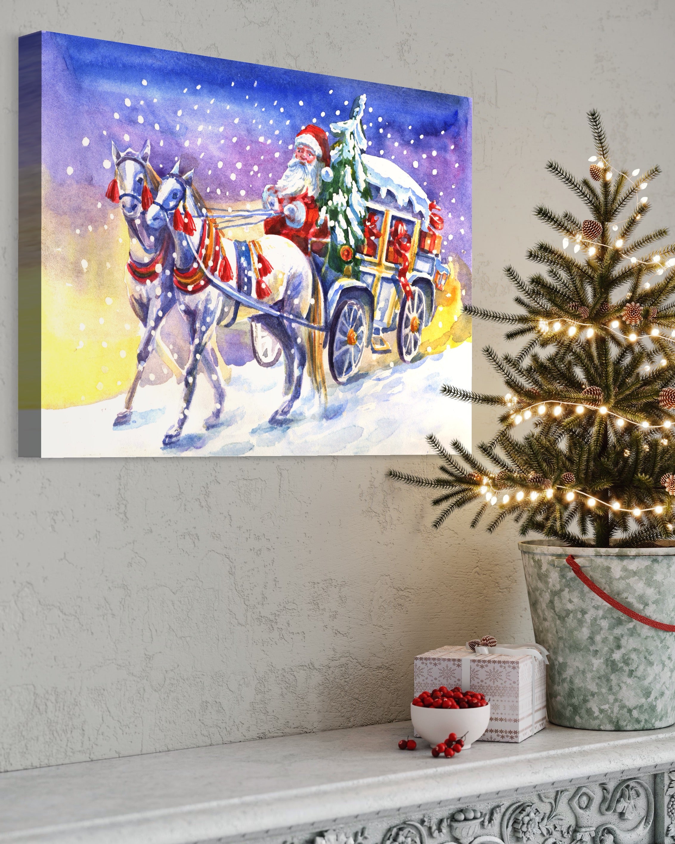 Tablou Canvas Premium LuxCanva® A1249, Mos Craciun , Decorativ, Living, Cai, Trasura, Brad, Zapada, Fulgi De Nea, Dormitor, Culori Vibrante
