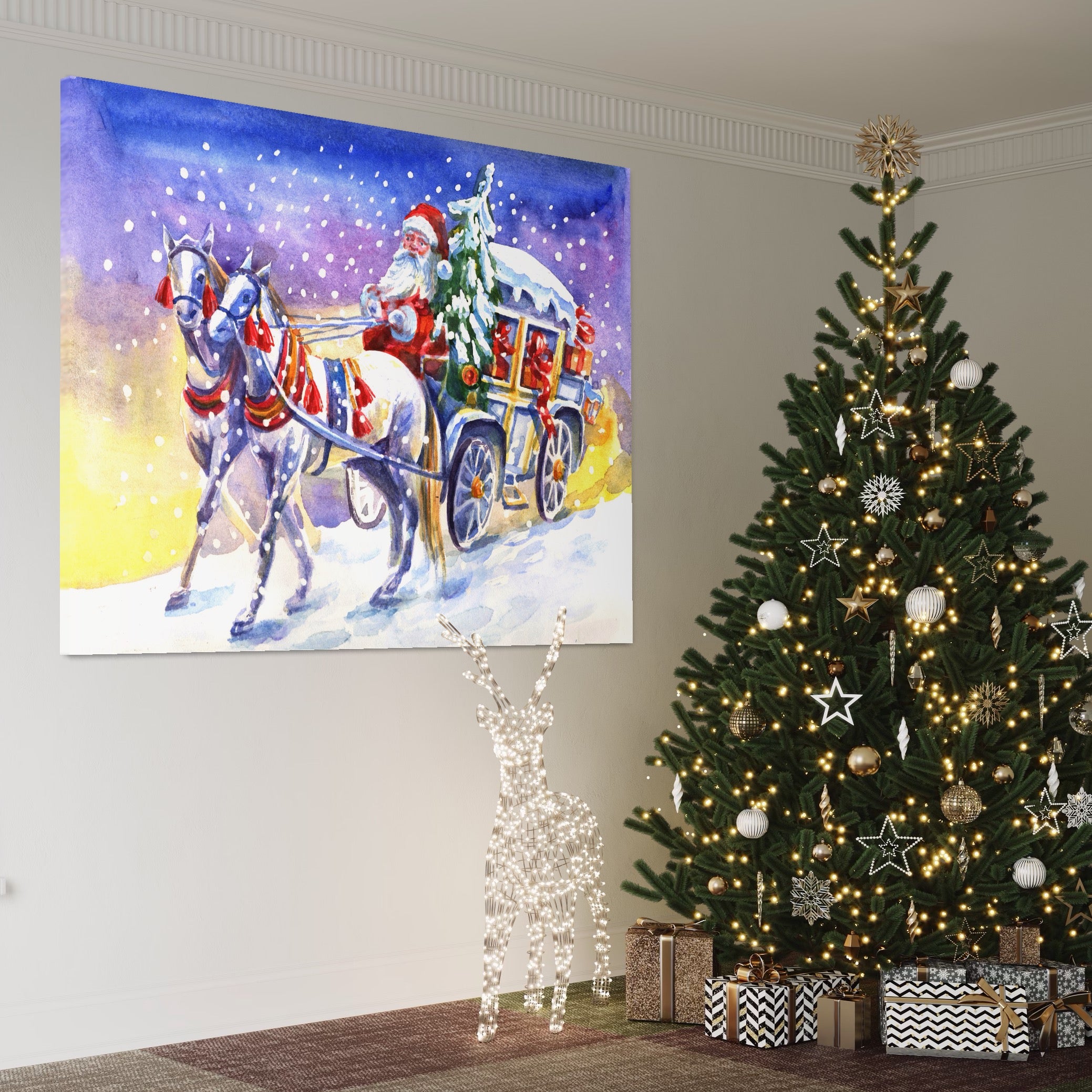 Tablou Canvas Premium LuxCanva® A1249, Mos Craciun , Decorativ, Living, Cai, Trasura, Brad, Zapada, Fulgi De Nea, Dormitor, Culori Vibrante