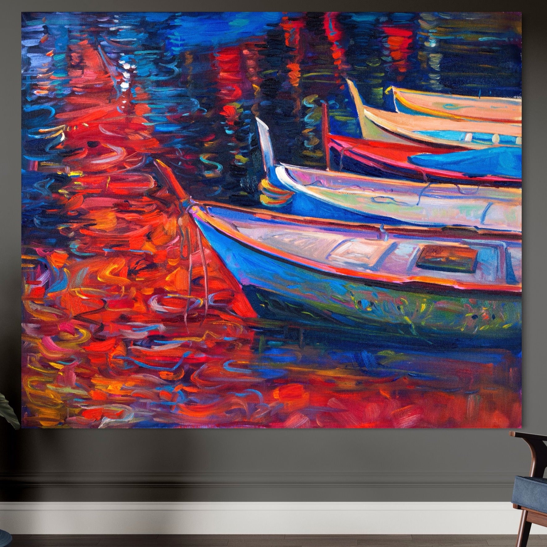 Tablou Canvas Premium LuxCanva® A1248, Barci Colorate , Decorativ, Living, Barca, Mare, Apa, Apus, Port, Dormitor, Culori Vibrante