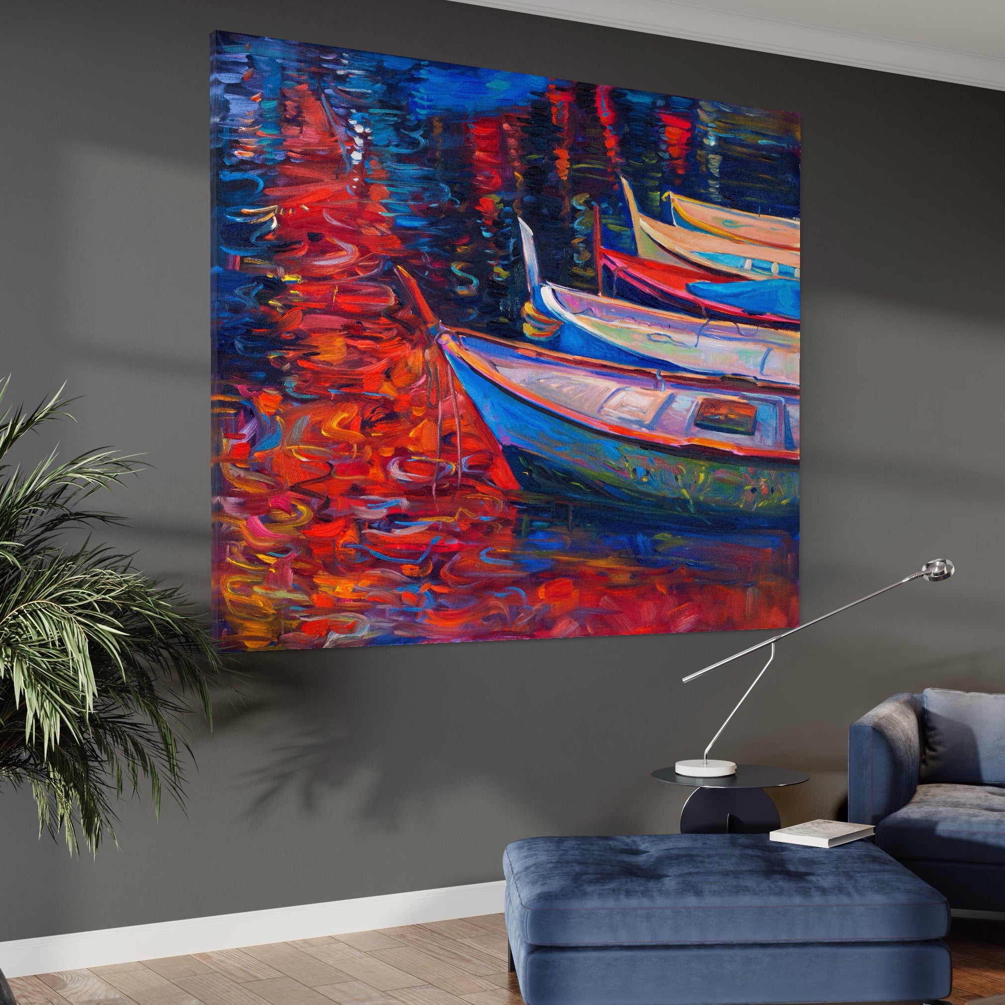 Tablou Canvas Premium LuxCanva® A1248, Barci Colorate , Decorativ, Living, Barca, Mare, Apa, Apus, Port, Dormitor, Culori Vibrante