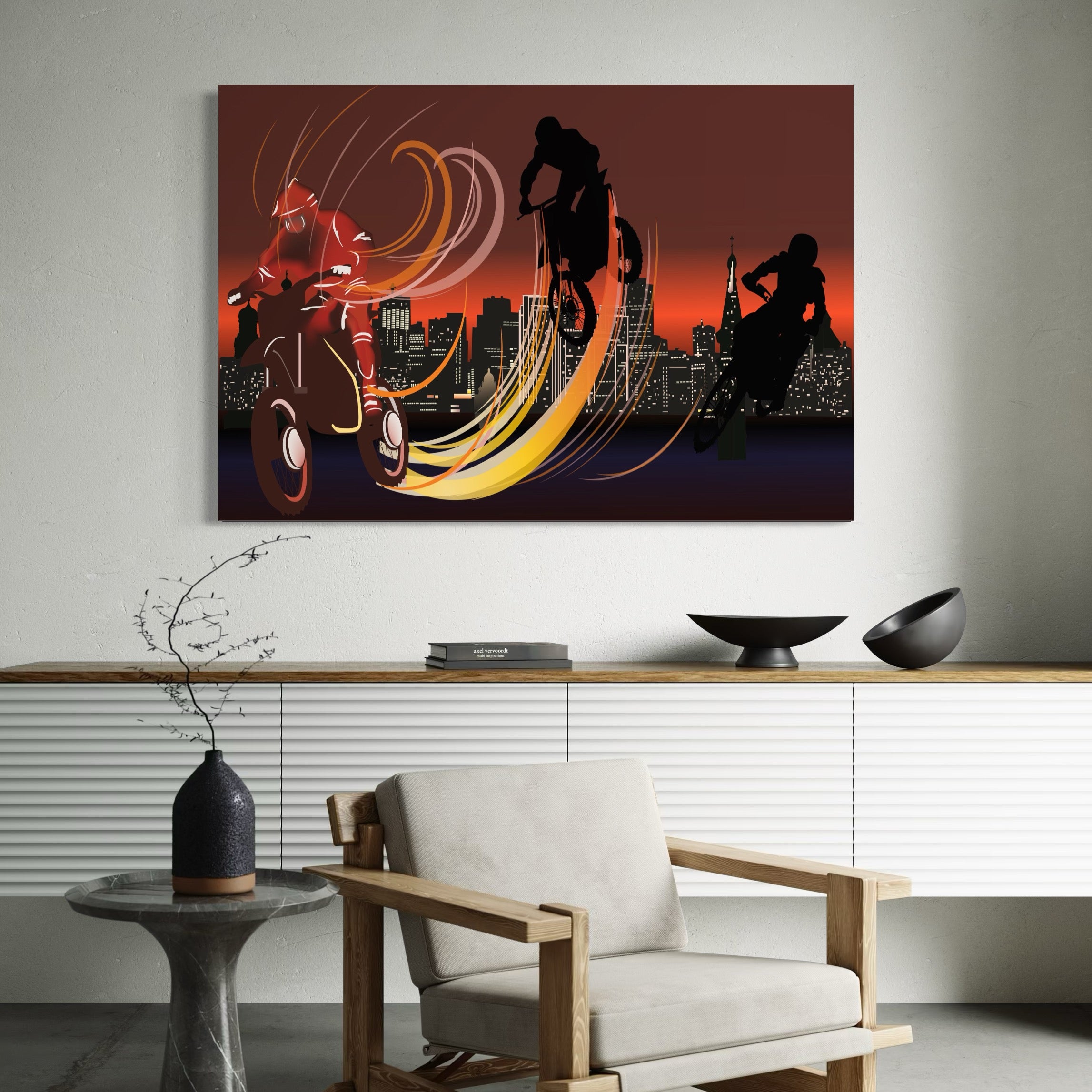Tablou Canvas Premium LuxCanva® C1056, Riders In The Night , Race, Motorcycle, Camera Copilului, Game Room, Relaxare, Culori Vibrante