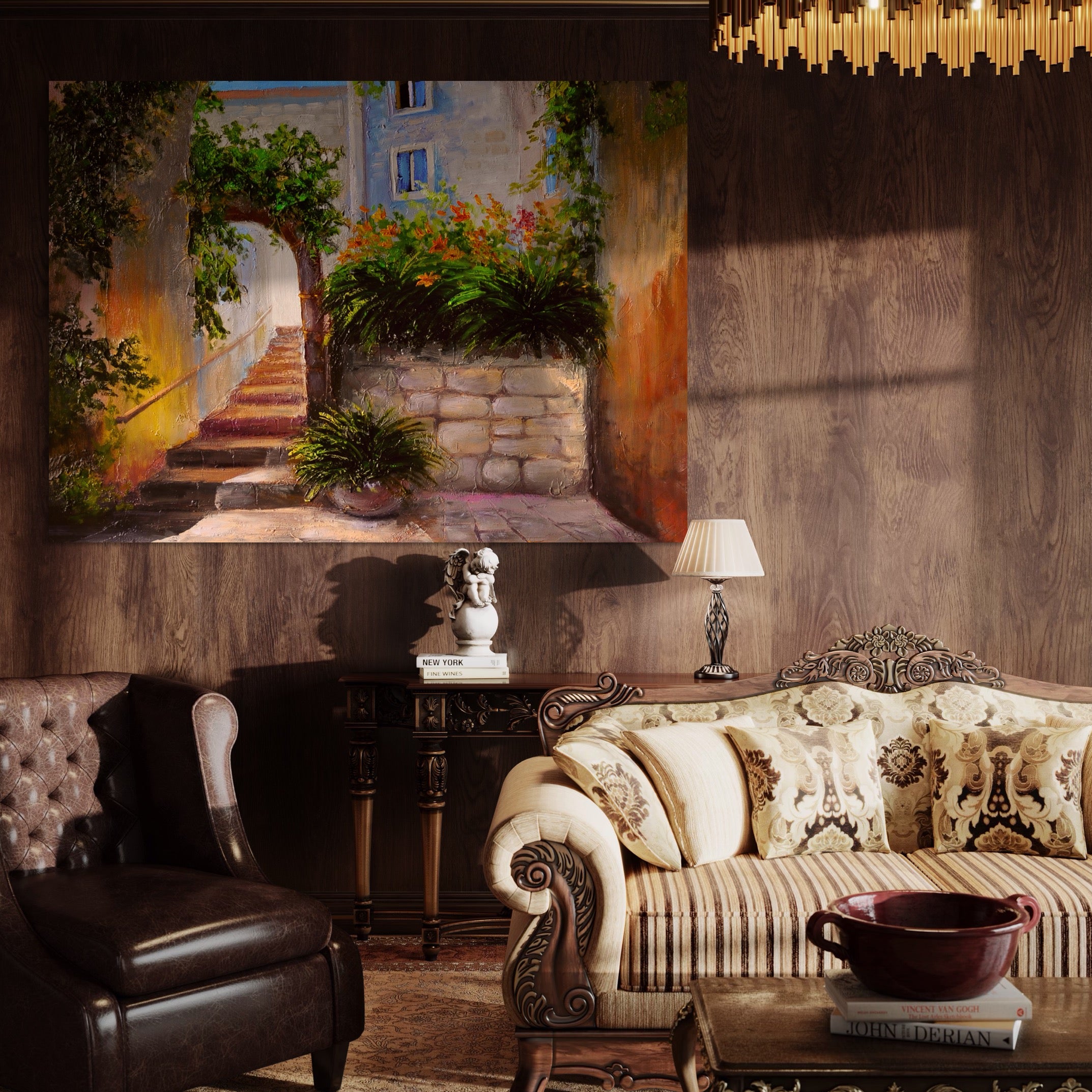 Tablou Canvas Premium LuxCanva® A1247, Ziduri Cu Flori , Decorativ, Living, Flori Colorate, Arcada, Scari, Vara, Dormitor, Culori Vibrante