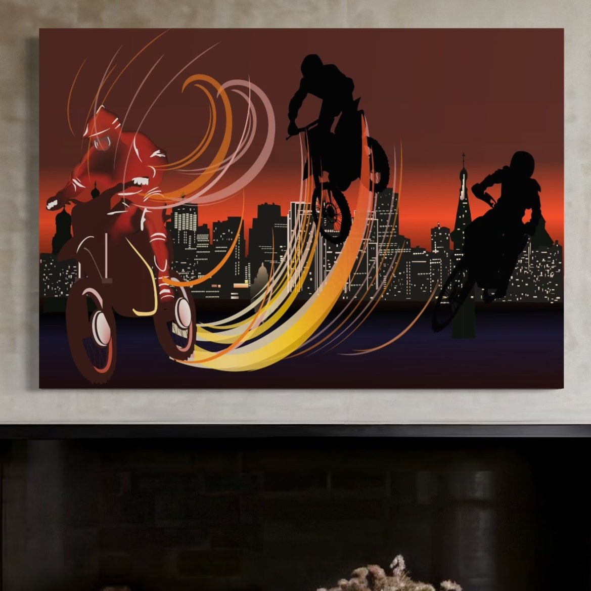 Tablou Canvas Premium LuxCanva® C1056, Riders In The Night , Race, Motorcycle, Camera Copilului, Game Room, Relaxare, Culori Vibrante