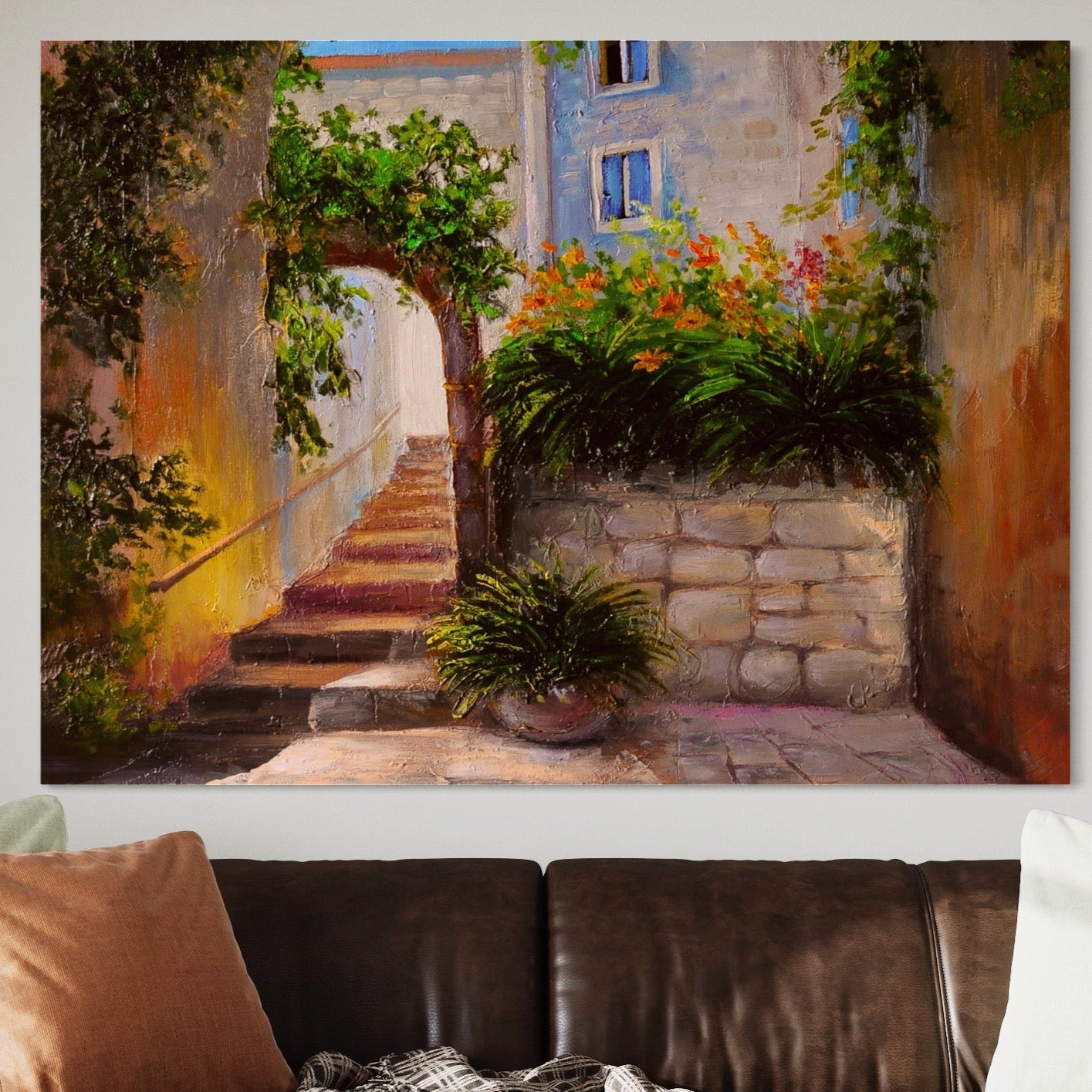 Tablou Canvas Premium LuxCanva® A1247, Ziduri Cu Flori , Decorativ, Living, Flori Colorate, Arcada, Scari, Vara, Dormitor, Culori Vibrante