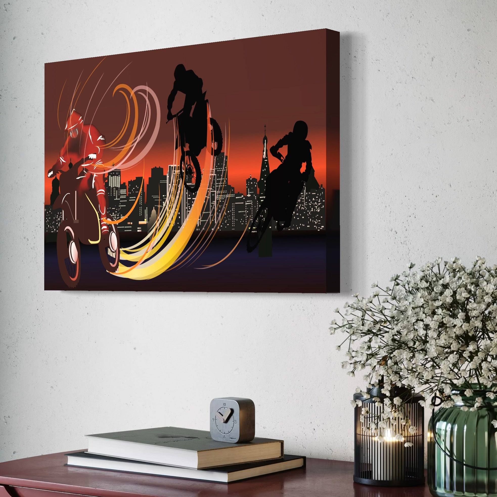 Tablou Canvas Premium LuxCanva® C1056, Riders In The Night , Race, Motorcycle, Camera Copilului, Game Room, Relaxare, Culori Vibrante