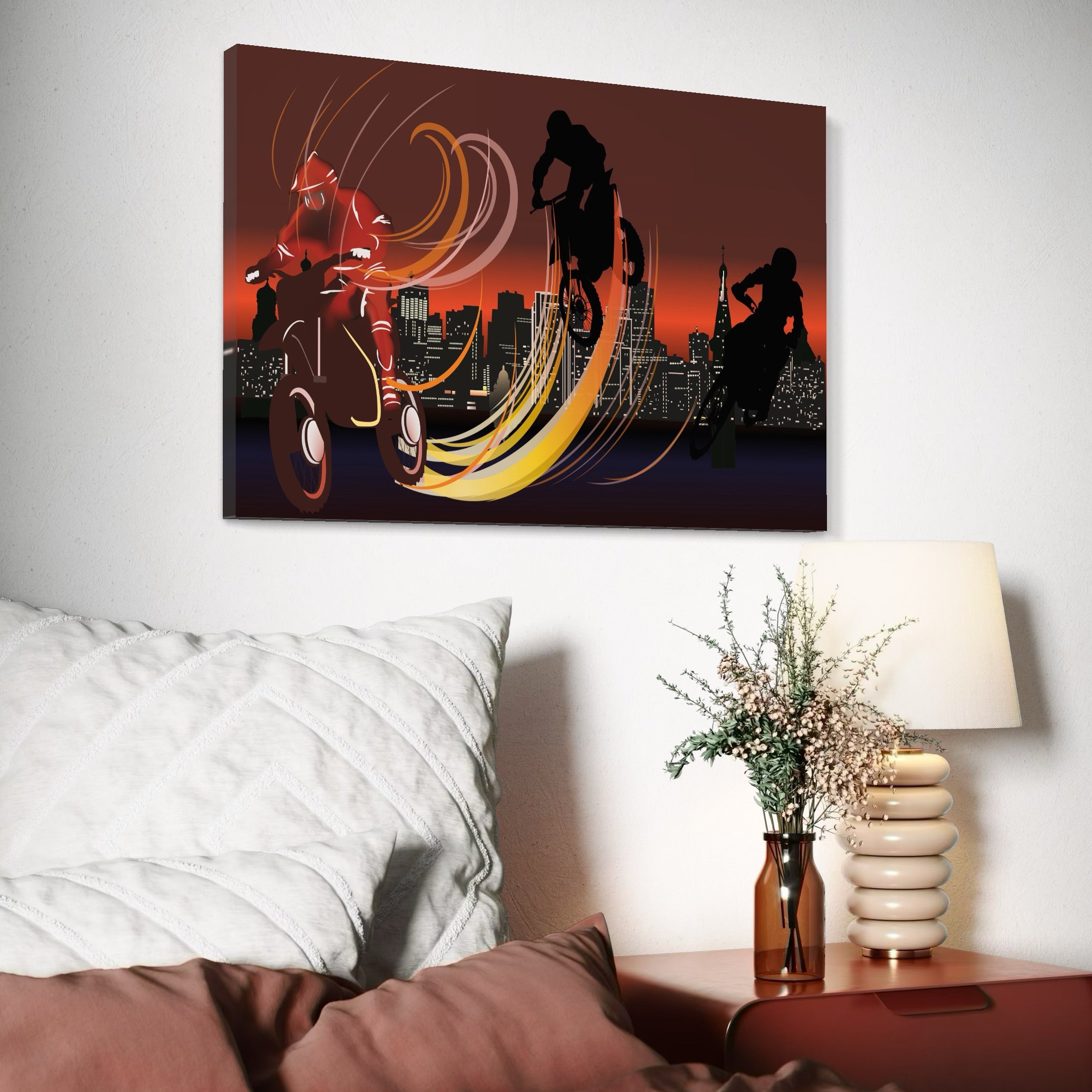 Tablou Canvas Premium LuxCanva® C1056, Riders In The Night , Race, Motorcycle, Camera Copilului, Game Room, Relaxare, Culori Vibrante