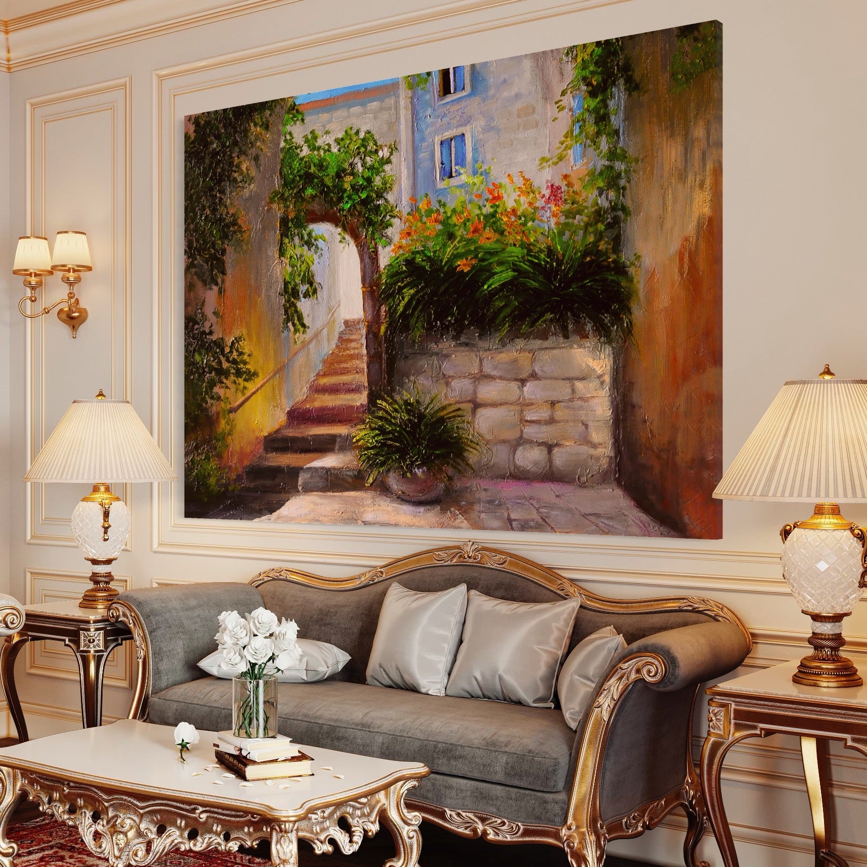 Tablou Canvas Premium LuxCanva® A1247, Ziduri Cu Flori , Decorativ, Living, Flori Colorate, Arcada, Scari, Vara, Dormitor, Culori Vibrante