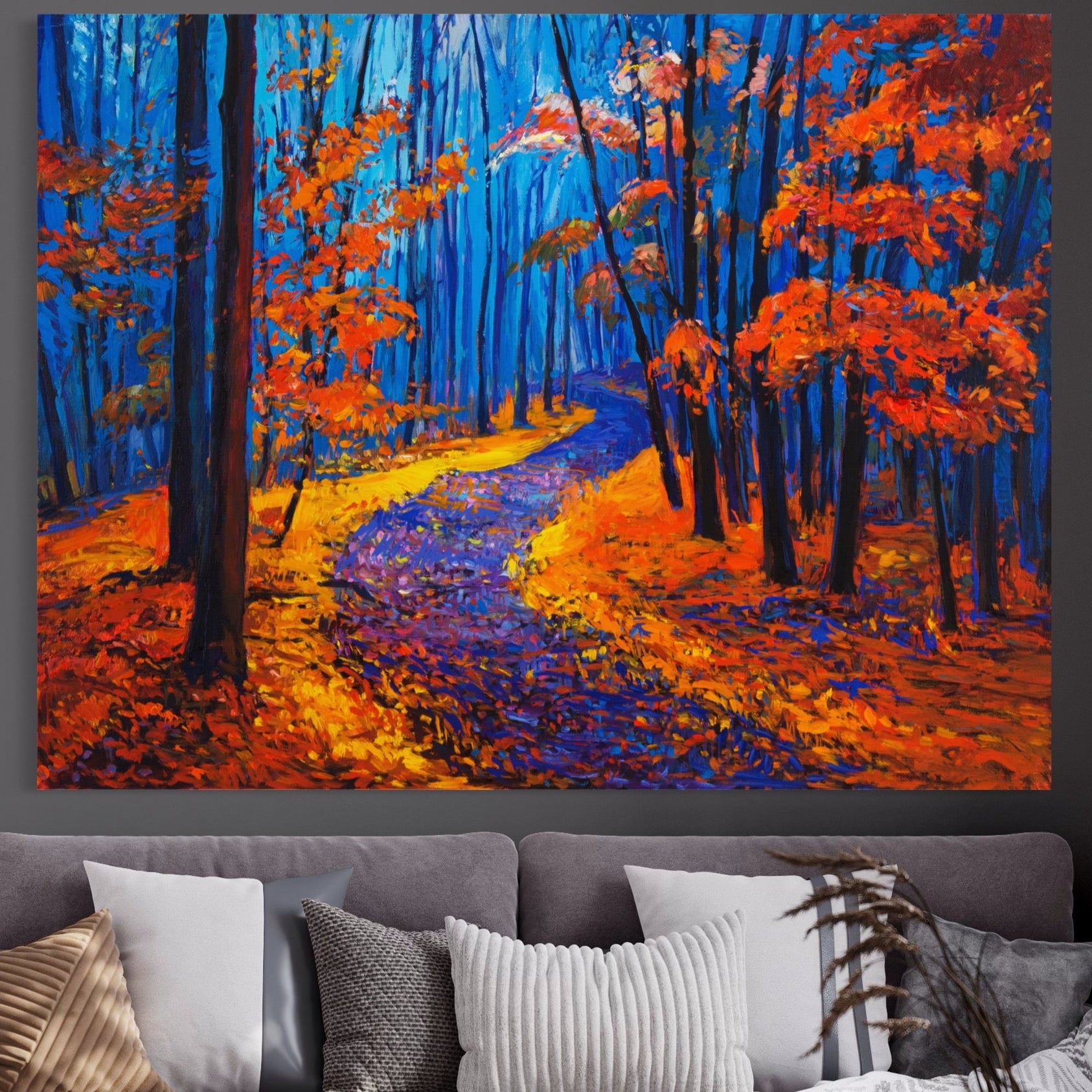 Tablou Canvas Premium LuxCanva® A1246, The Orange Forest , Decorativ, Living, Padure, Portocaliu, Poteca, Natura, Albastru, Dormitor, Culori Vibrante