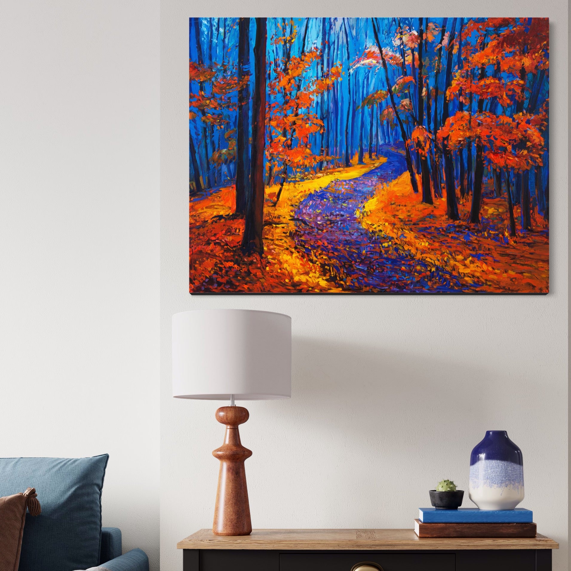 Tablou Canvas Premium LuxCanva® A1246, The Orange Forest , Decorativ, Living, Padure, Portocaliu, Poteca, Natura, Albastru, Dormitor, Culori Vibrante