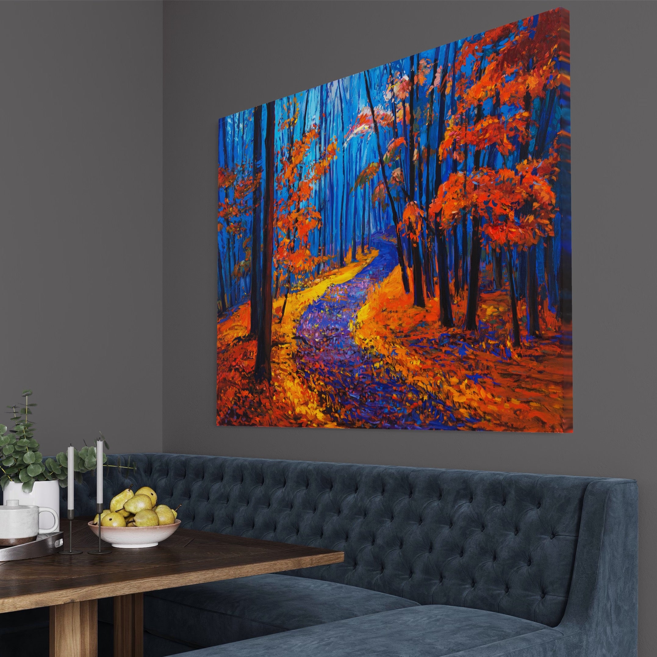 Tablou Canvas Premium LuxCanva® A1246, The Orange Forest , Decorativ, Living, Padure, Portocaliu, Poteca, Natura, Albastru, Dormitor, Culori Vibrante