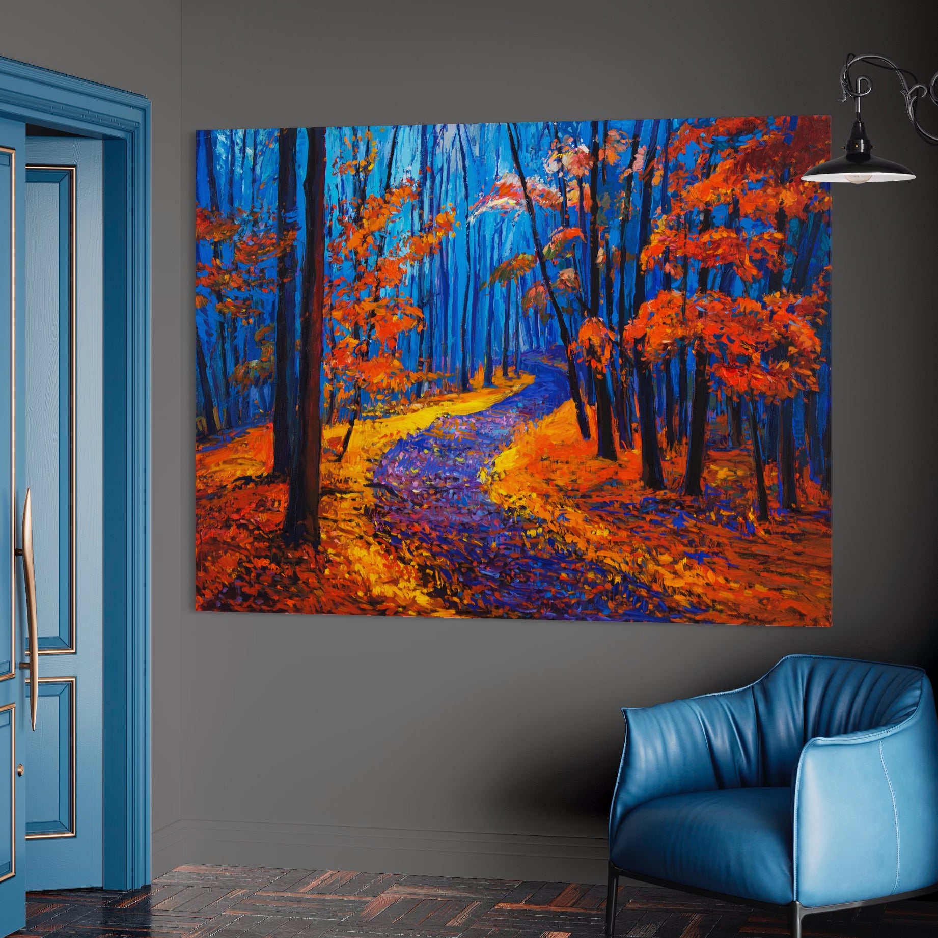 Tablou Canvas Premium LuxCanva® A1246, The Orange Forest , Decorativ, Living, Padure, Portocaliu, Poteca, Natura, Albastru, Dormitor, Culori Vibrante