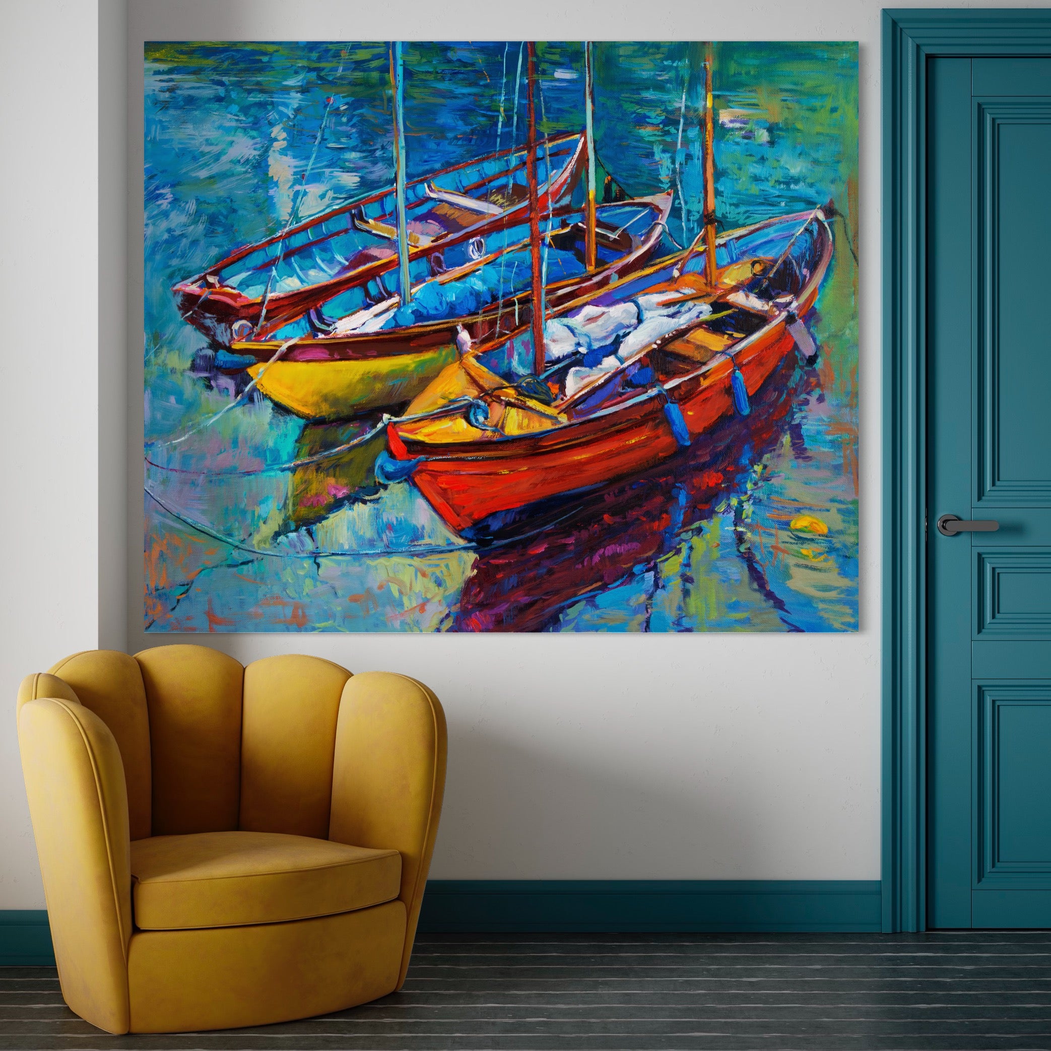 Tablou Canvas Premium LuxCanva® A1245, 3 Barci , Decorativ, Living, Mare, Barca, Port, Dormitor, Culori Vibrante