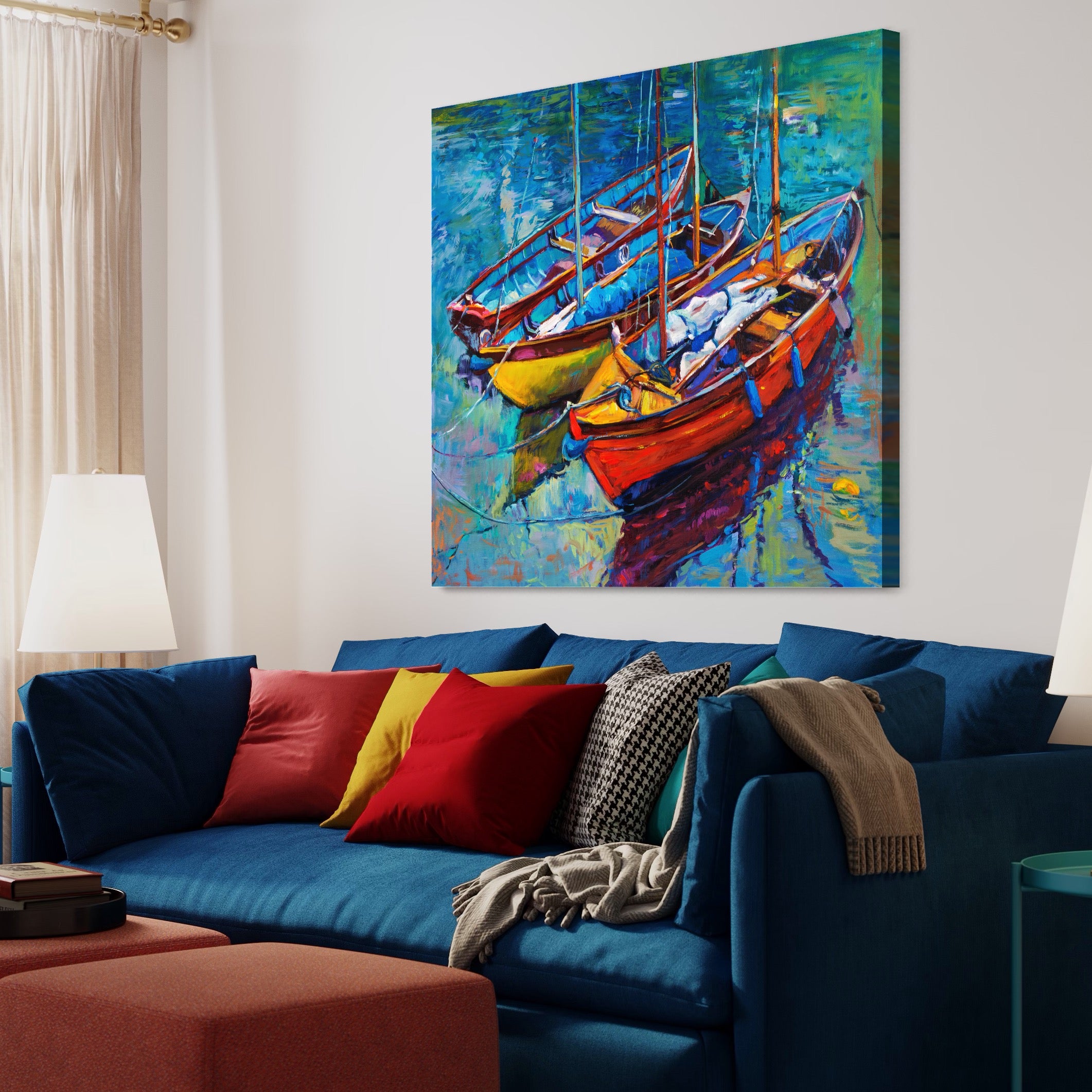 Tablou Canvas Premium LuxCanva® A1245, 3 Barci , Decorativ, Living, Mare, Barca, Port, Dormitor, Culori Vibrante