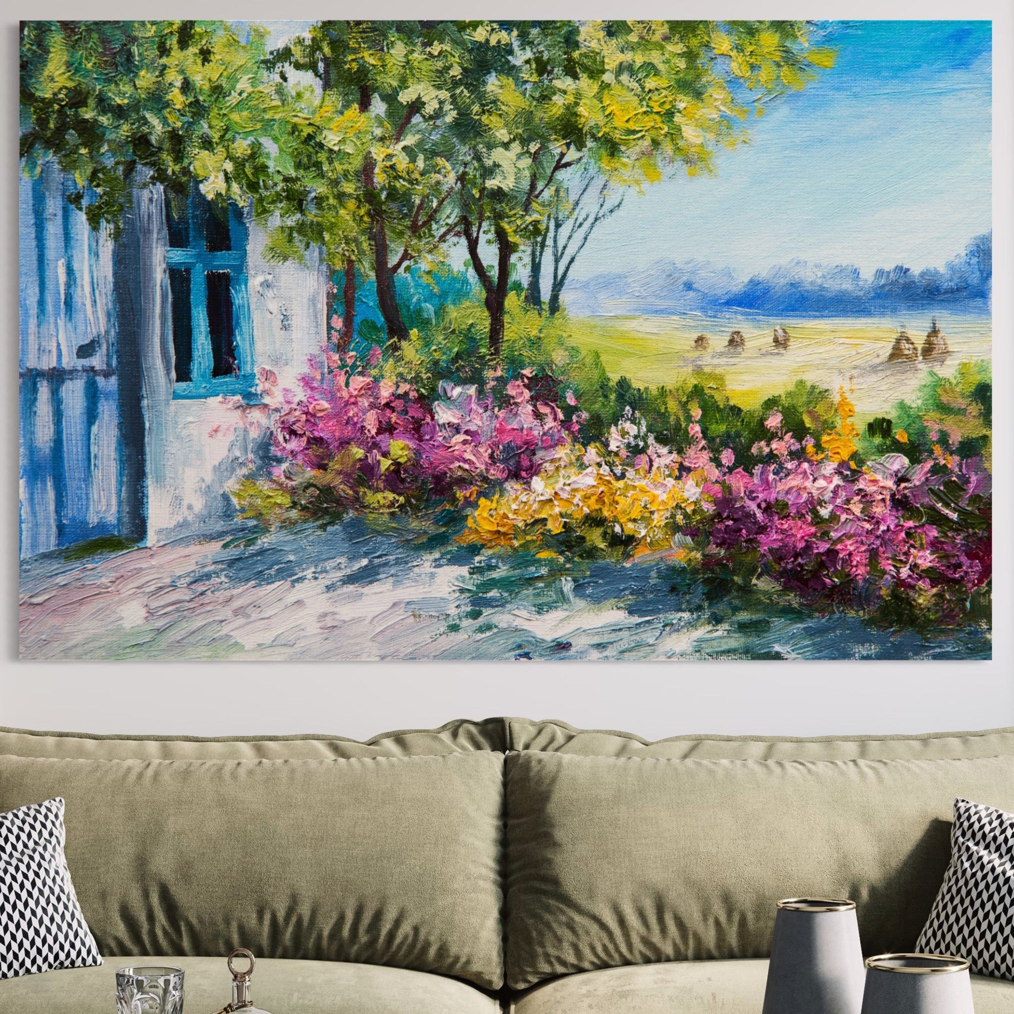 Tablou Canvas Premium LuxCanva® A1243, Casuta Albastra , Decorativ, Living, Flori, Casa, Peisaj, Copac, Dormitor, Culori Vibrante