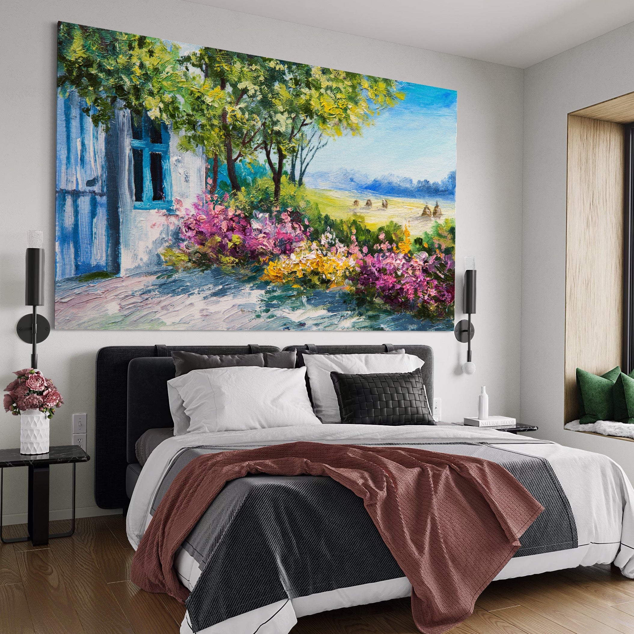 Tablou Canvas Premium LuxCanva® A1243, Casuta Albastra , Decorativ, Living, Flori, Casa, Peisaj, Copac, Dormitor, Culori Vibrante