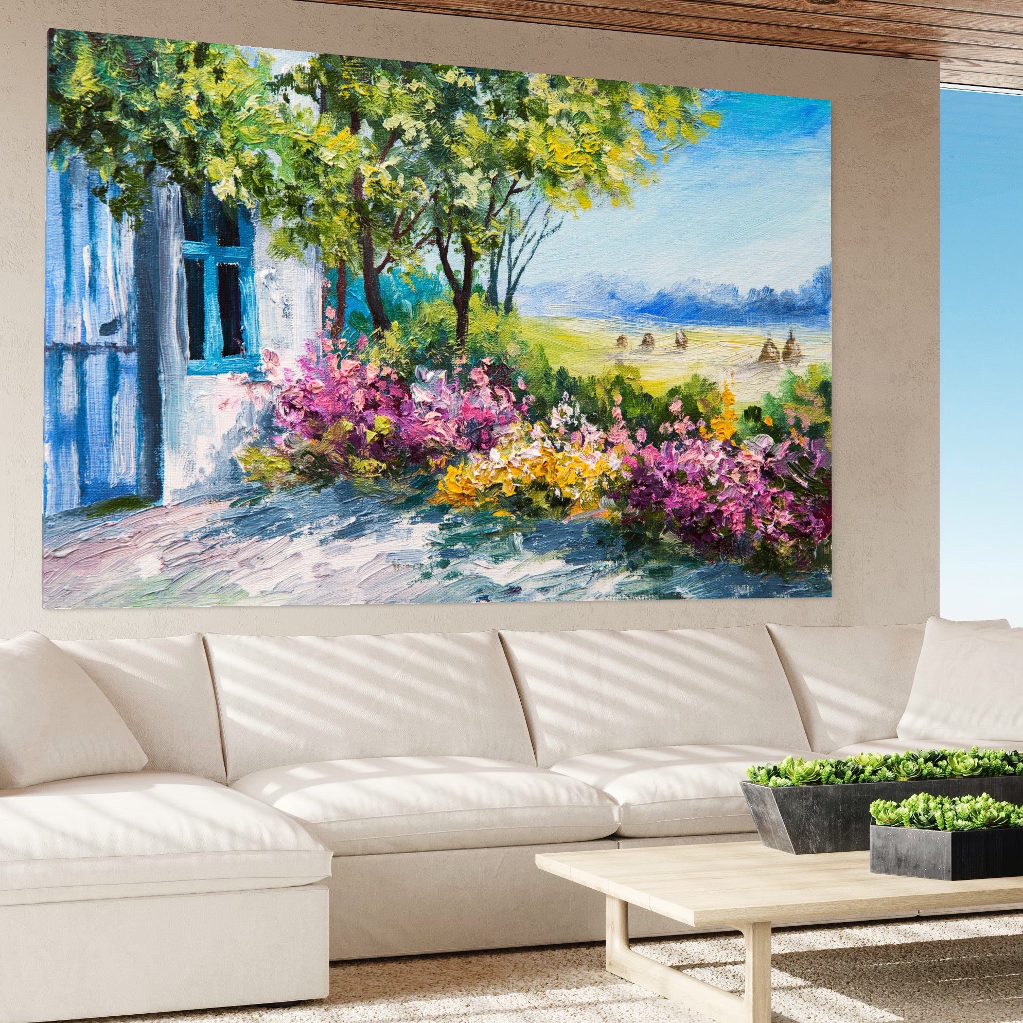 Tablou Canvas Premium LuxCanva® A1243, Casuta Albastra , Decorativ, Living, Flori, Casa, Peisaj, Copac, Dormitor, Culori Vibrante