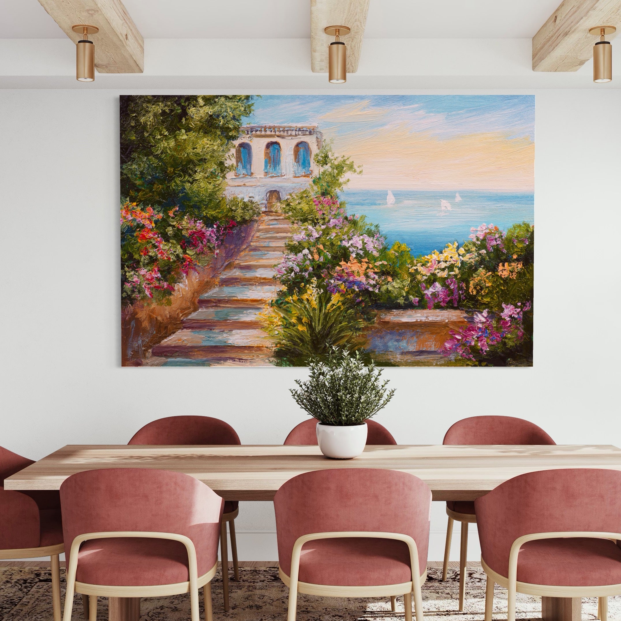 Tablou Canvas Premium LuxCanva® A1242, Scarile De Langa Mare , Decorativ, Living, Cer, Mare, Barci, Flori, Colorate, Dormitor, Culori Vibrante