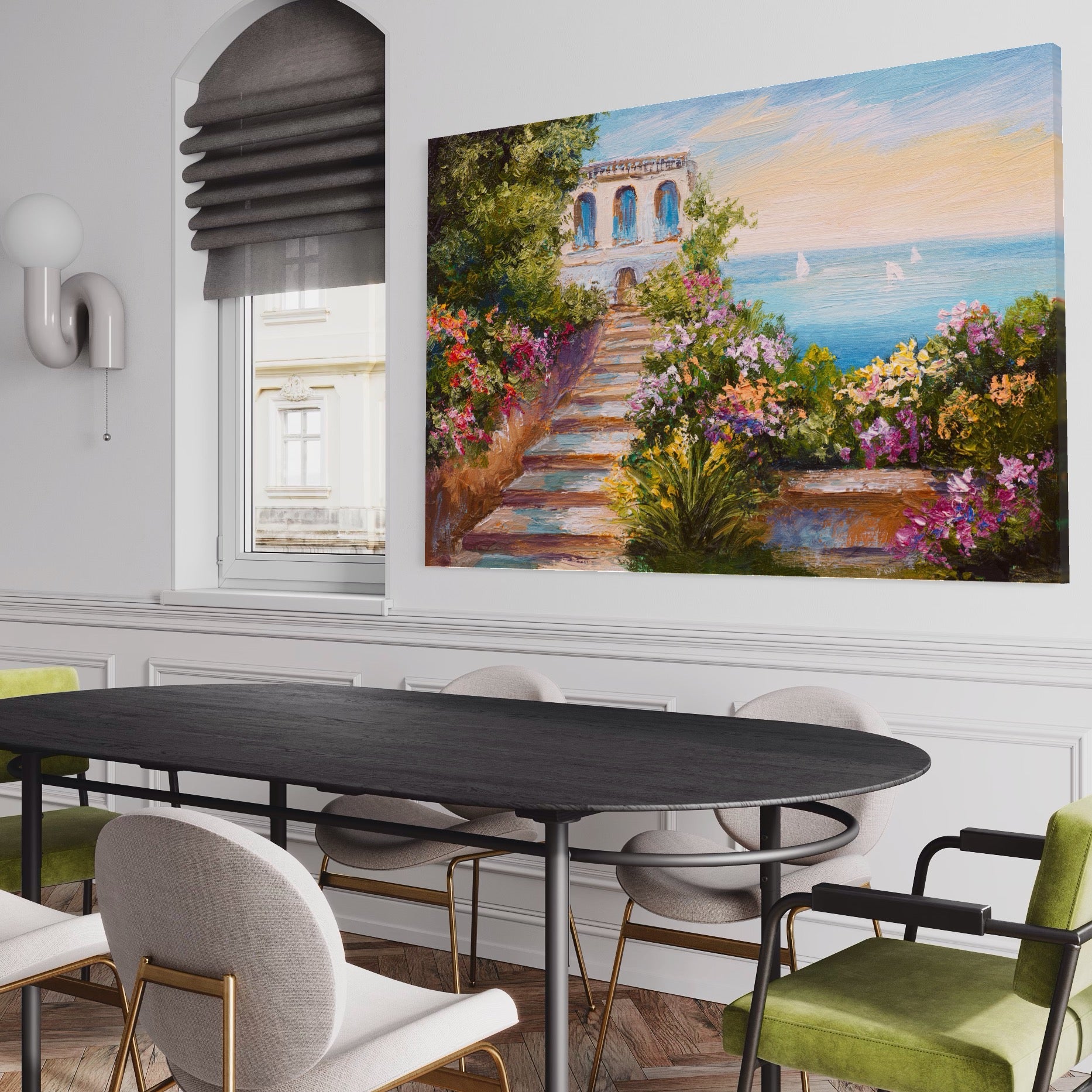 Tablou Canvas Premium LuxCanva® A1242, Scarile De Langa Mare , Decorativ, Living, Cer, Mare, Barci, Flori, Colorate, Dormitor, Culori Vibrante