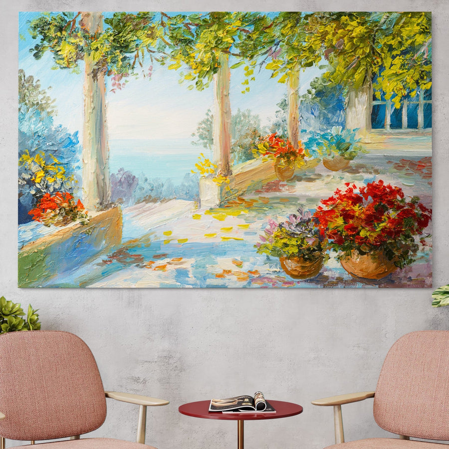 Tablou Canvas Premium LuxCanva® A1241, imprimat pe pânză bumbac, cu priveliște la mare, flori colorate și copaci, decorativ pentru living sau dormitor-calitate premium și culori vibrante.