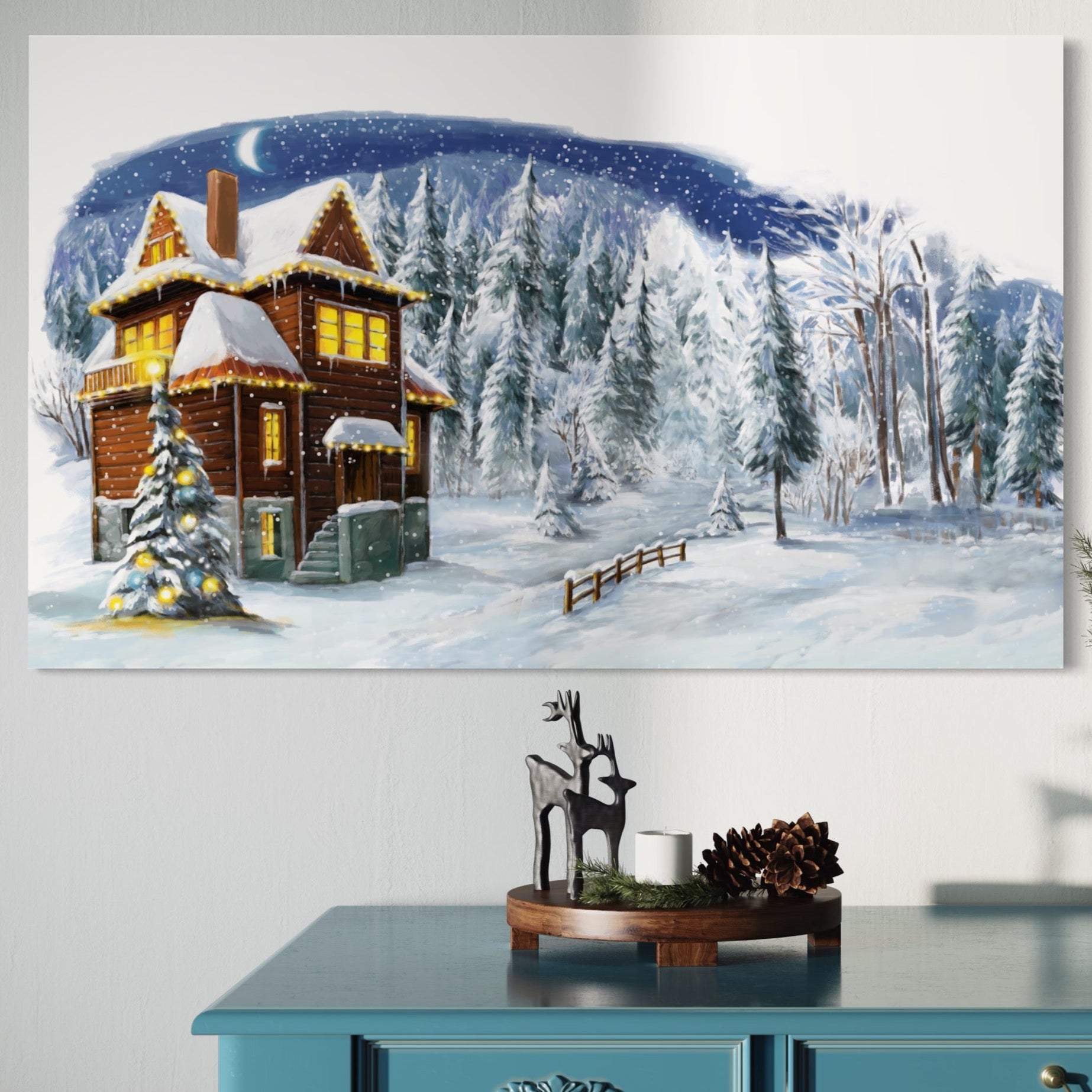 Tablou Canvas Premium LuxCanva® A1240, Peisaj De Poveste , Decorativ, Living, Peisaj, Zapada, Casa, Brad, Iarna, Dormitor, Culori Vibrante