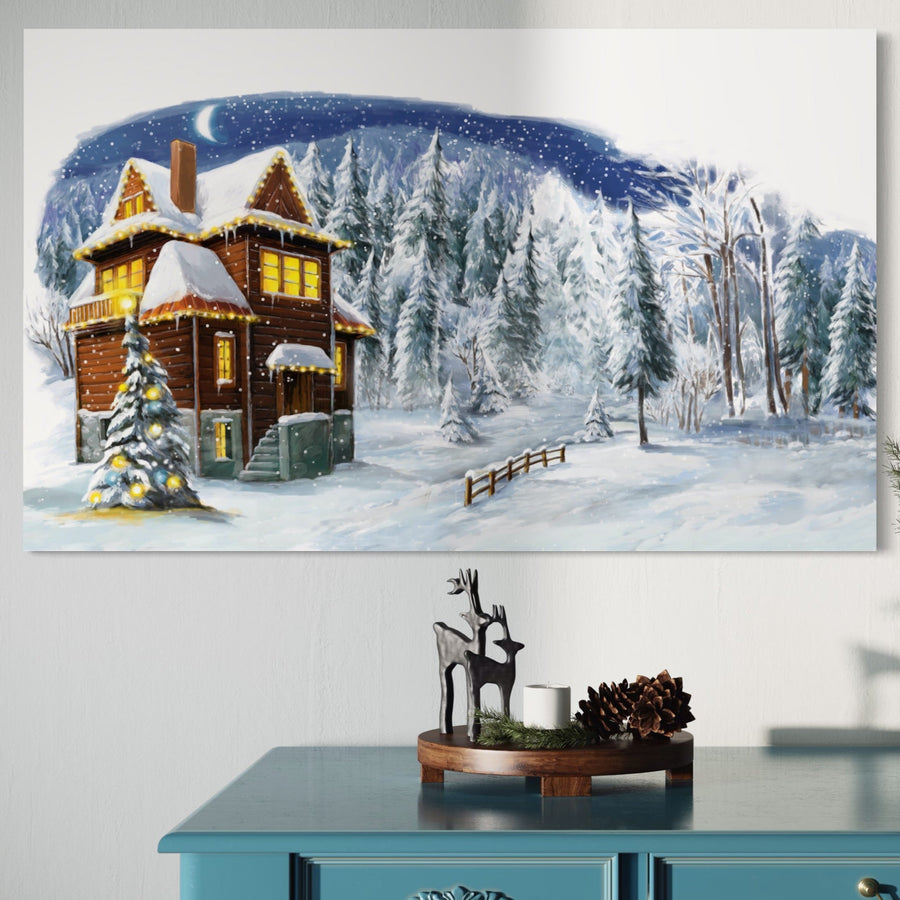Tablou Canvas Premium LuxCanva® A1240 prezintă un peisaj de poveste cu o casă luminată, zăpadă, brad și munți sub un cer înstelat-ideal pentru decorul livingului sau dormitorului. Brand: LuxCanva®.