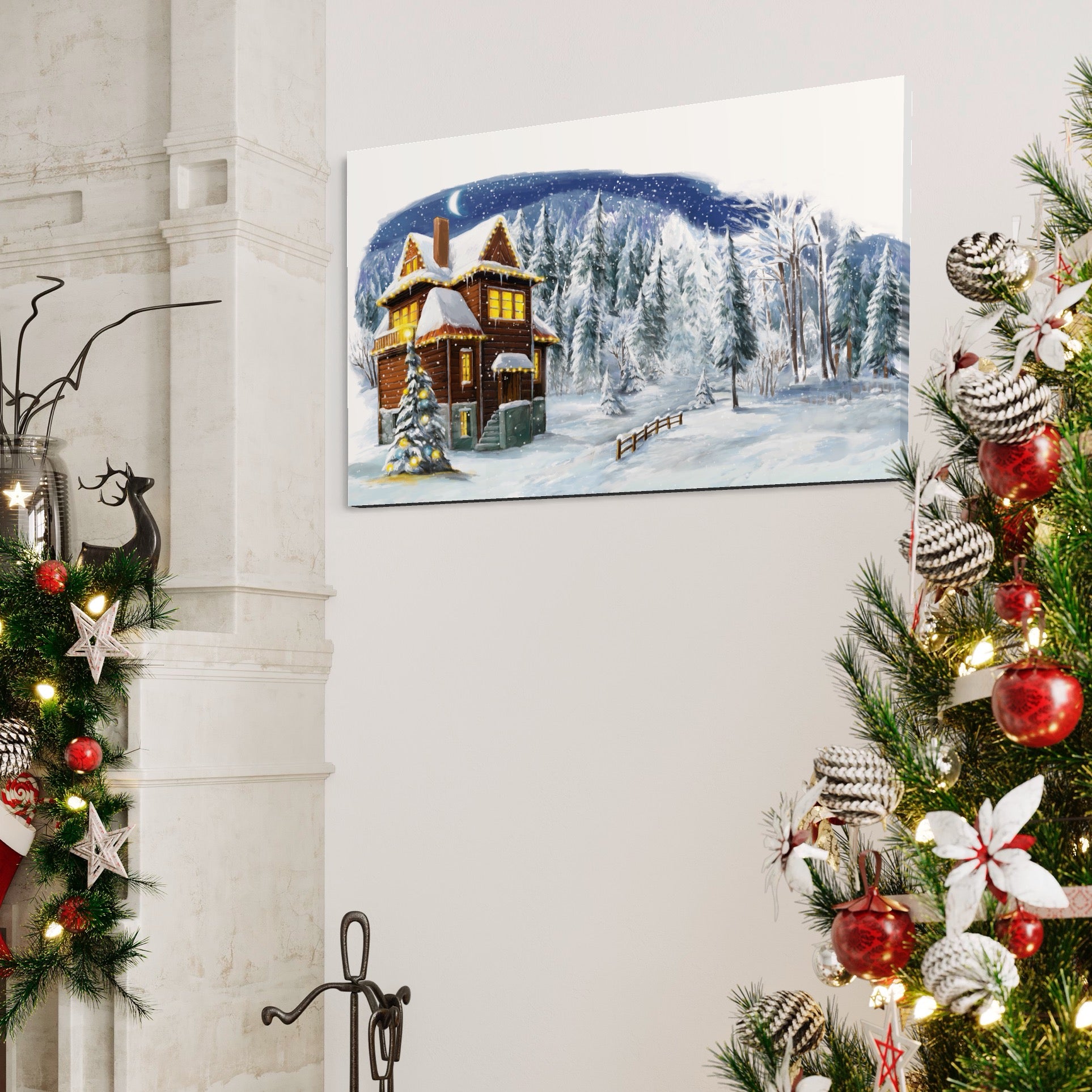Tablou Canvas Premium LuxCanva® A1240, Peisaj De Poveste , Decorativ, Living, Peisaj, Zapada, Casa, Brad, Iarna, Dormitor, Culori Vibrante