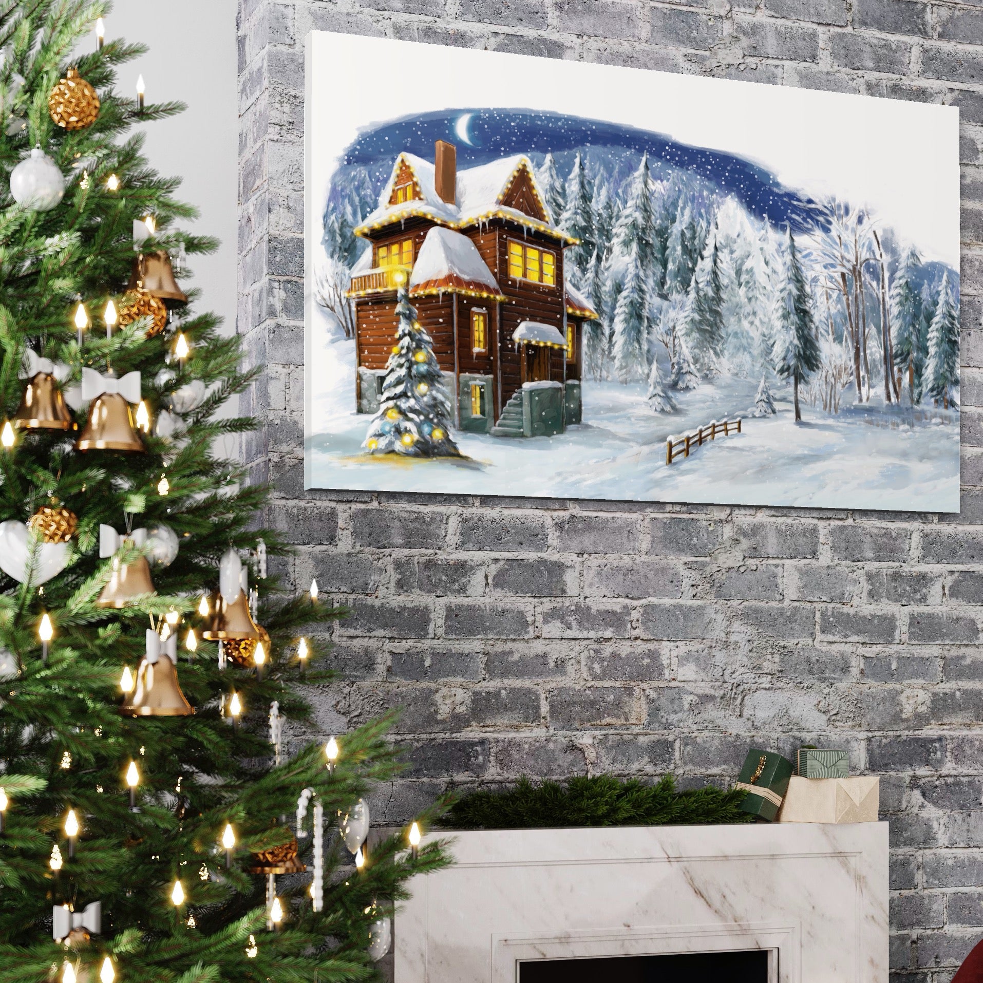 Tablou Canvas Premium LuxCanva® A1240, Peisaj De Poveste , Decorativ, Living, Peisaj, Zapada, Casa, Brad, Iarna, Dormitor, Culori Vibrante