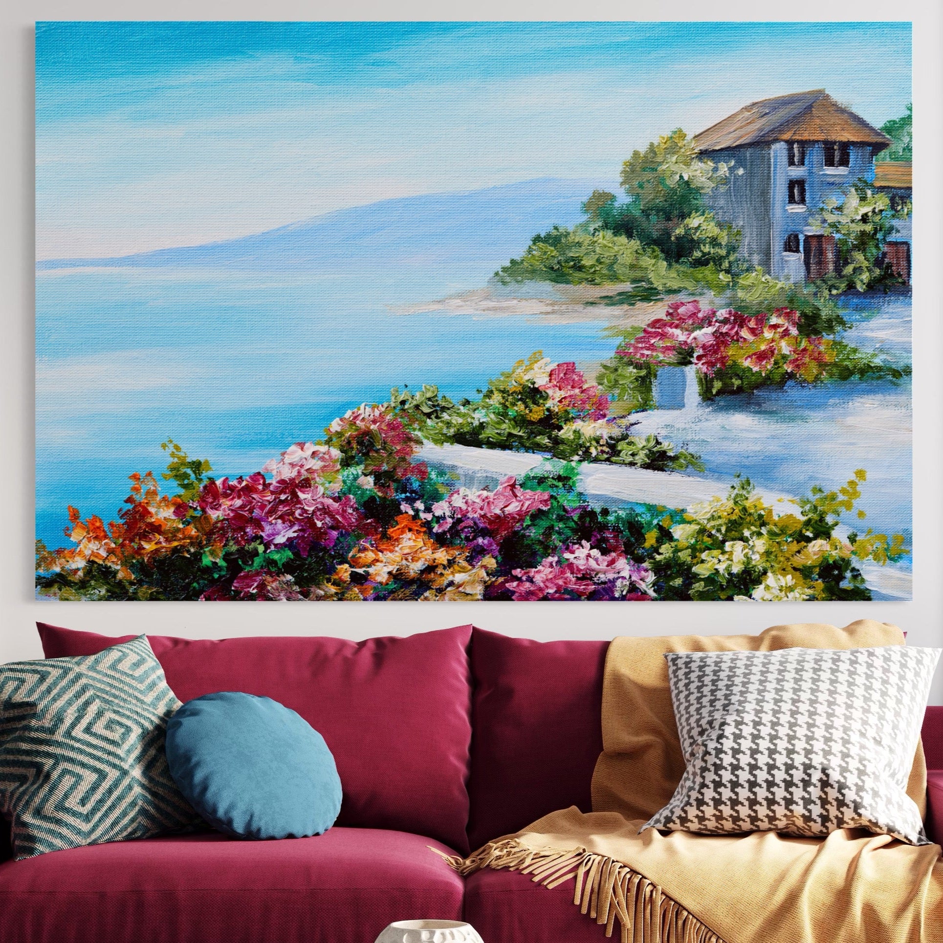 Tablou Canvas Premium LuxCanva® A1239, Flori La Malul Marii , Decorativ, Living, Peisaj, Flori, Mare, Munte, Dormitor, Culori Vibrante