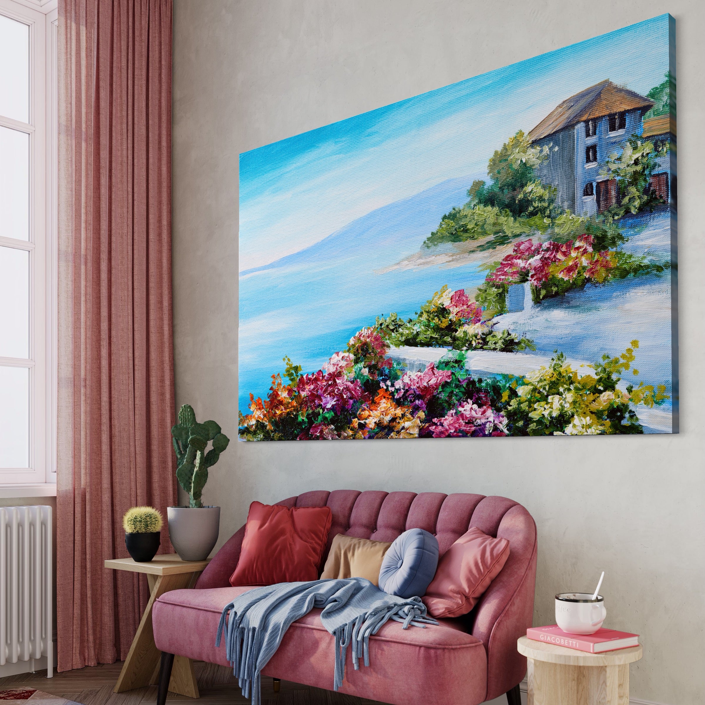 Tablou Canvas Premium LuxCanva® A1239, Flori La Malul Marii , Decorativ, Living, Peisaj, Flori, Mare, Munte, Dormitor, Culori Vibrante