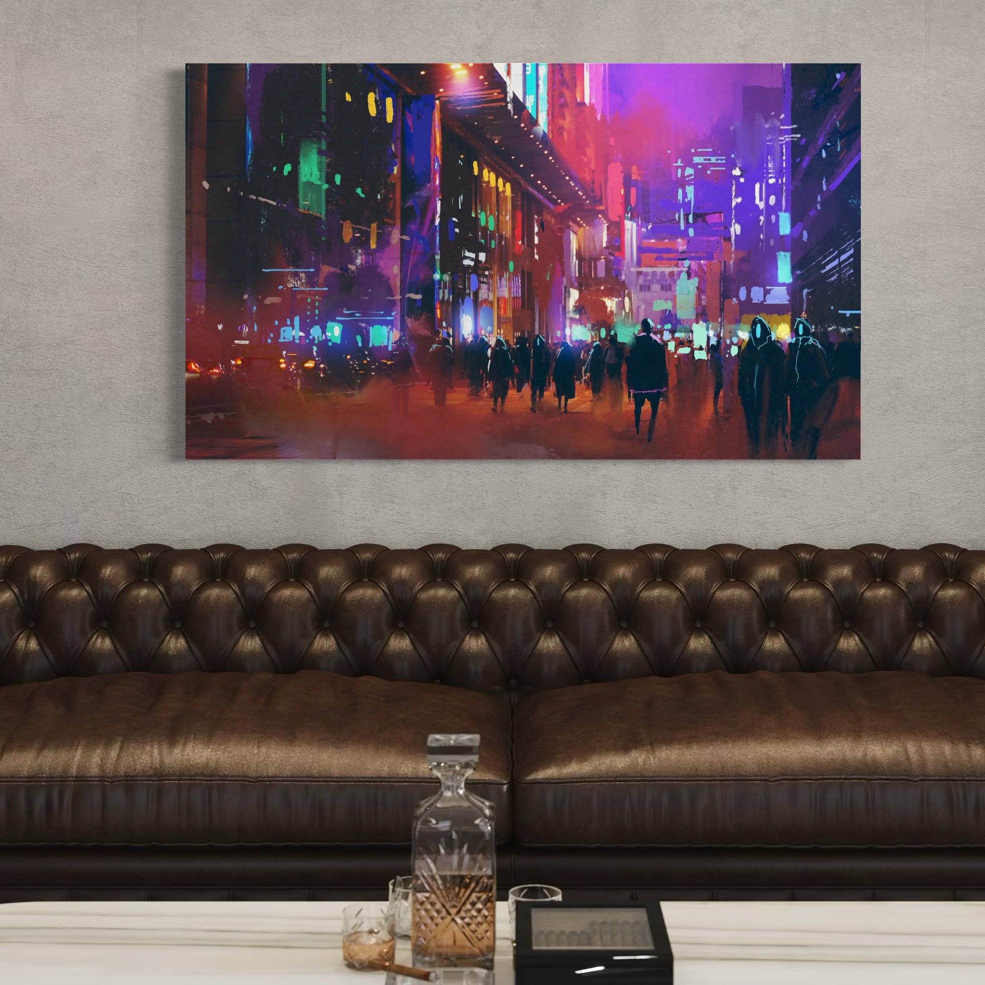 Tablou Canvas Premium LuxCanva® C1063, Downtown Night Walk , Oameni, Lumini, Oras, Living Room, Game Room, Bar Relaxare, Culori Vibrante