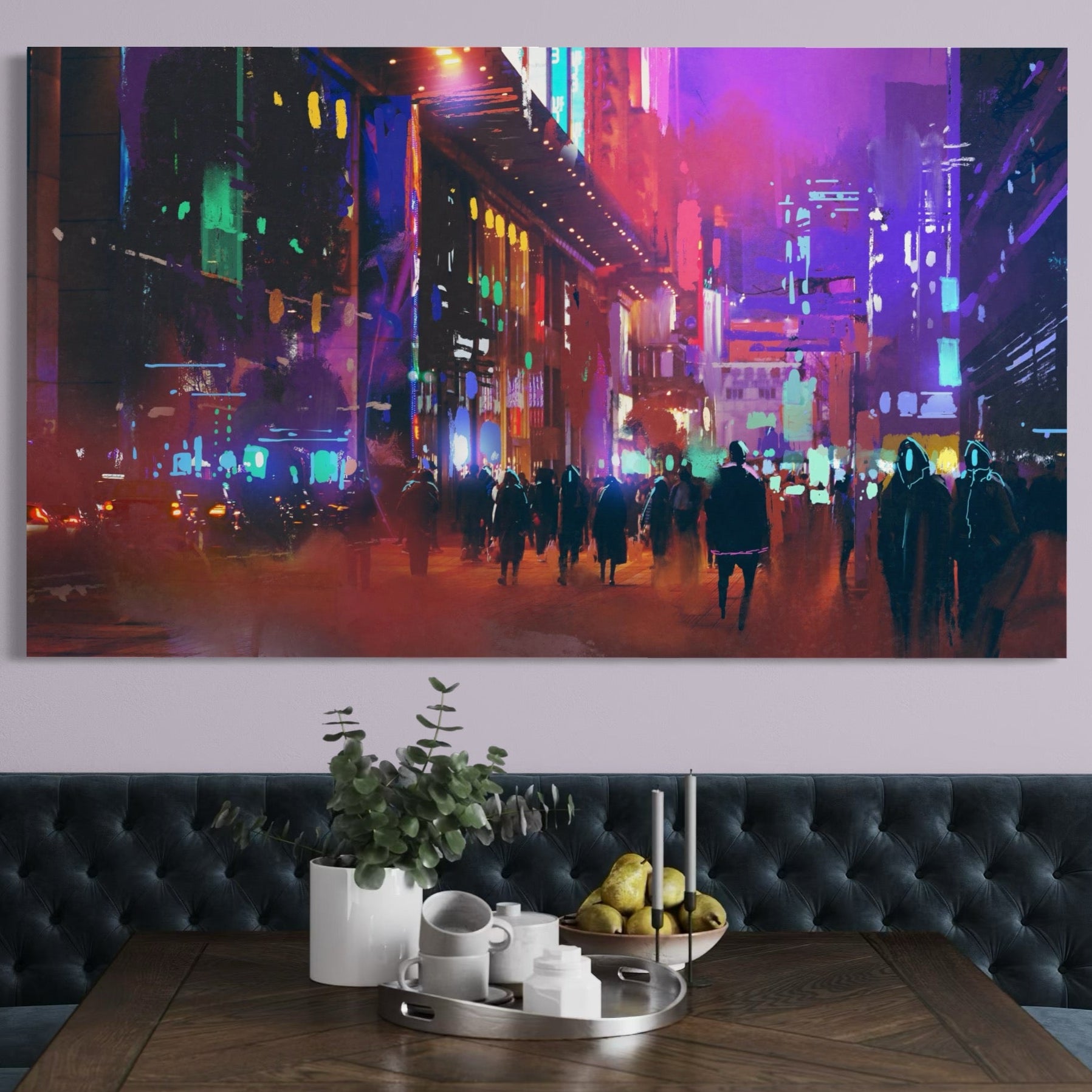 Tablou Canvas Premium LuxCanva® C1063, Downtown Night Walk , Oameni, Lumini, Oras, Living Room, Game Room, Bar Relaxare, Culori Vibrante