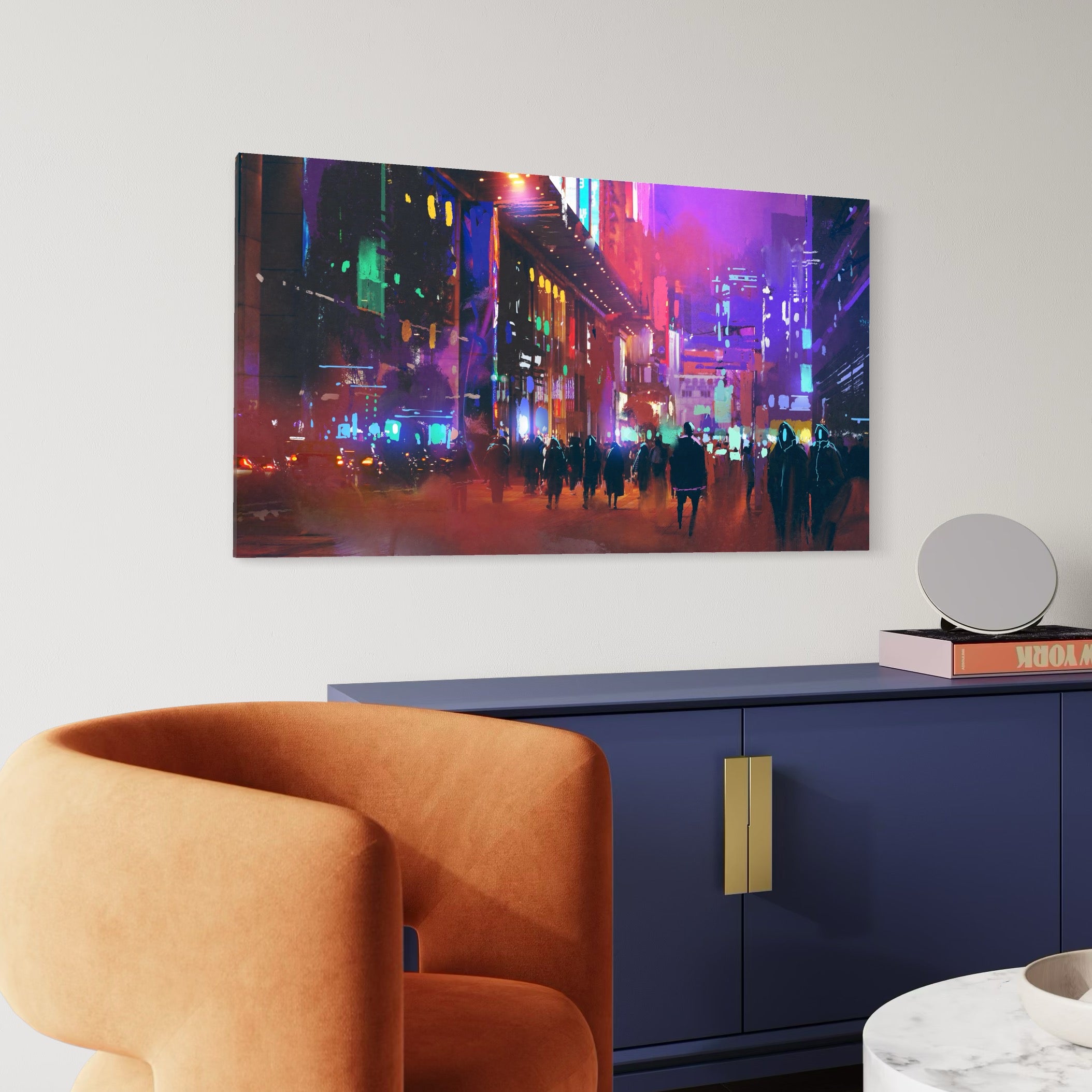 Tablou Canvas Premium LuxCanva® C1063, Downtown Night Walk , Oameni, Lumini, Oras, Living Room, Game Room, Bar Relaxare, Culori Vibrante