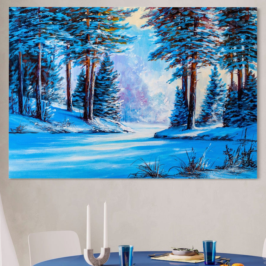 Tablou Canvas Premium LuxCanva® LuxCanva® A1236, cu un peisaj de iarnă vibrant, adaugă eleganță și atmosferă cozy în living sau dormitor, fiind decorativ cu pădure acoperită de zăpadă și fulgi de nea.