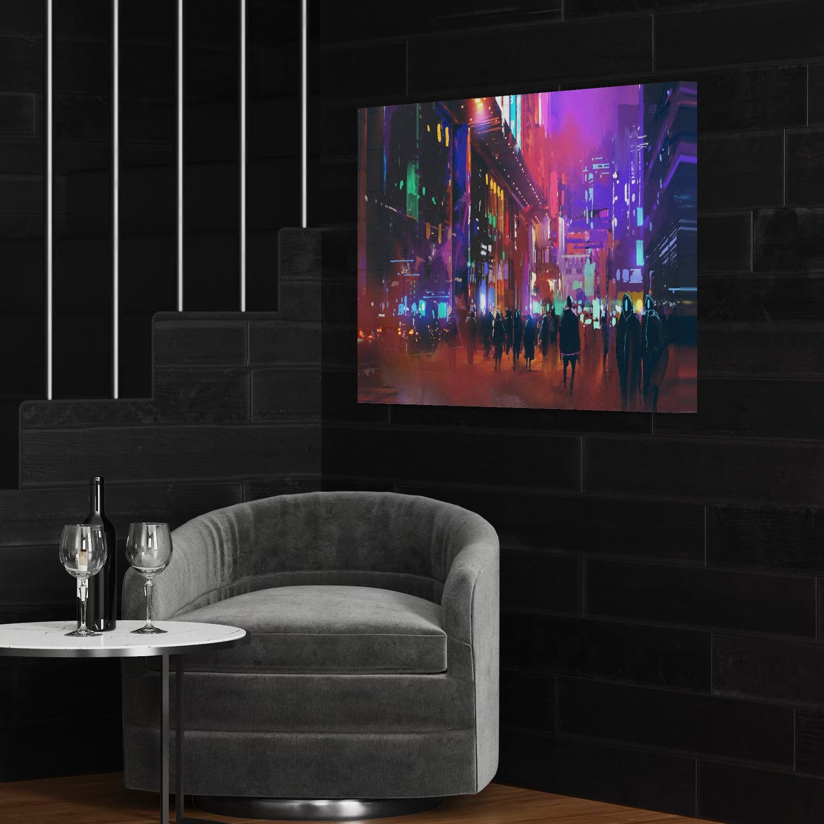 Tablou Canvas Premium LuxCanva® C1063, Downtown Night Walk , Oameni, Lumini, Oras, Living Room, Game Room, Bar Relaxare, Culori Vibrante