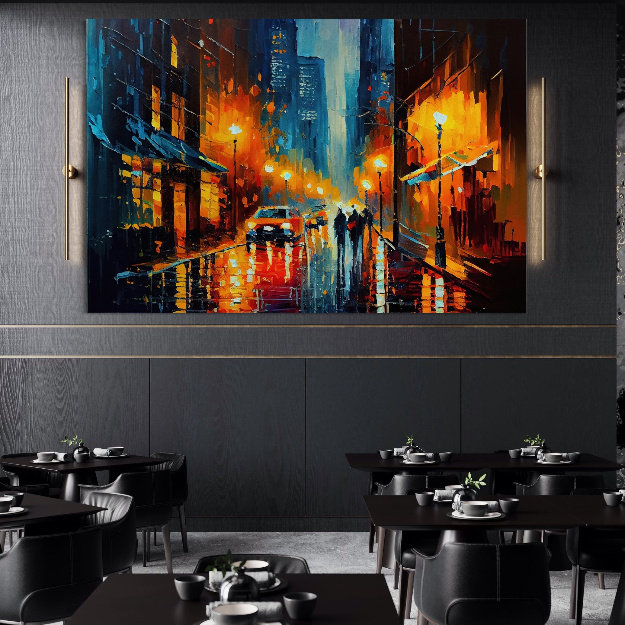 Tablou Canvas Premium LuxCanva® A1232, Lights In New York , Decorativ, Dormitor, Oras, Lumini, Masina, Oameni, Living, Culori Vibrante