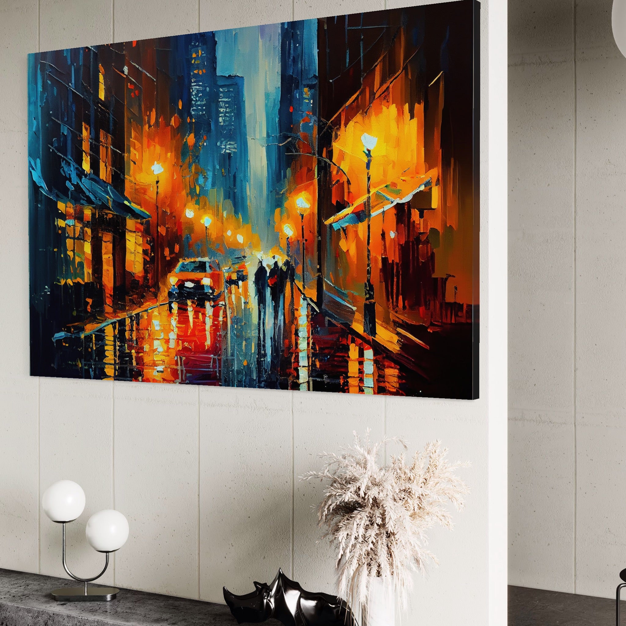 Tablou Canvas Premium LuxCanva® A1232, Lights In New York , Decorativ, Dormitor, Oras, Lumini, Masina, Oameni, Living, Culori Vibrante