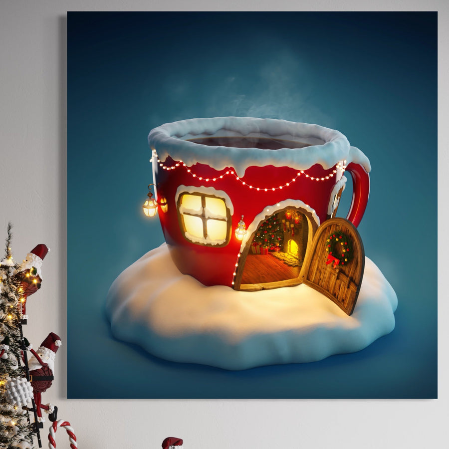 Adaugă un vibe festiv spațiului tău cu Tablou Canvas Premium LuxCanva® A1230. Această imprimare premium prezintă o cană de Crăciun ca o casă confortabilă, acoperiș înzăpezit, ușă strălucitoare și brad, perfectă pentru decor Craciun în dormitor sau living. Brand: LuxCanva®.
