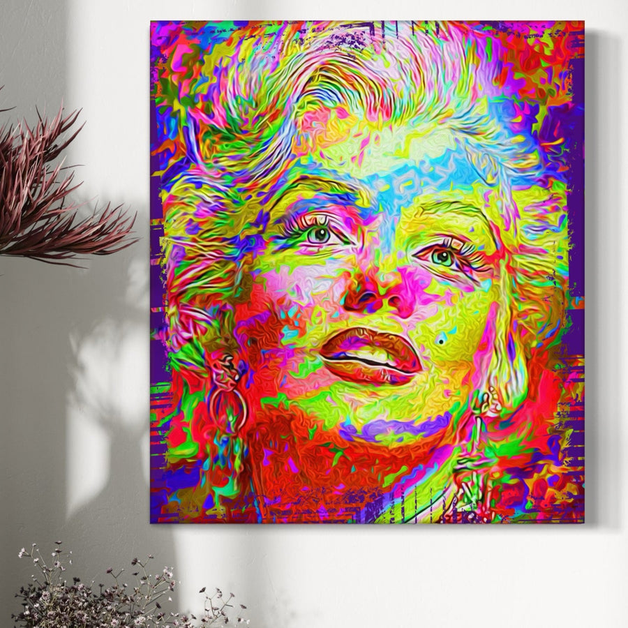 Tablou Canvas Premium LuxCanva® C1071, cu portret pop art Marilyn Monroe în culori vibrante, aduce un plus de culoare și eleganță pe perete alb, ideal pentru living sau birou. Brand: LuxCanva®.