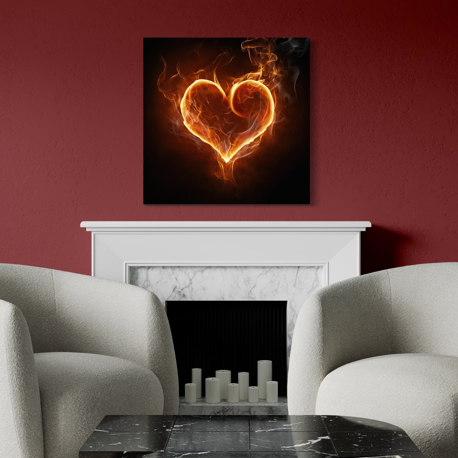 Tablou Canvas Premium LuxCanva® C1073, Flaming Heart ,  Inima, Flacari, Living Room, Bedroom, Relaxare, Culori Vibrante