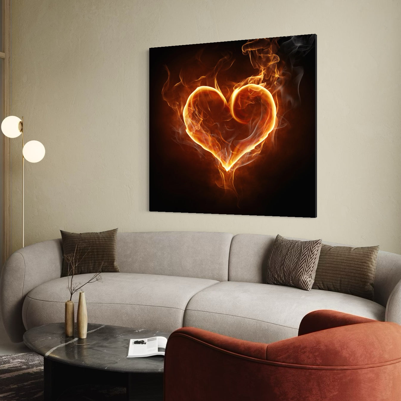Tablou Canvas Premium LuxCanva® C1073, Flaming Heart ,  Inima, Flacari, Living Room, Bedroom, Relaxare, Culori Vibrante