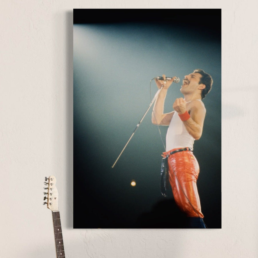 Tablou Canvas Premium C1076 de la LuxCanva® îl înfățișează pe Freddie Mercury interpretând cu pasiune pe scenă, perfect pentru sufragerie sau birou. Culorile sale vibrante și calitatea premium îl fac o alegere ideală de decor pentru iubitorii de muzică.