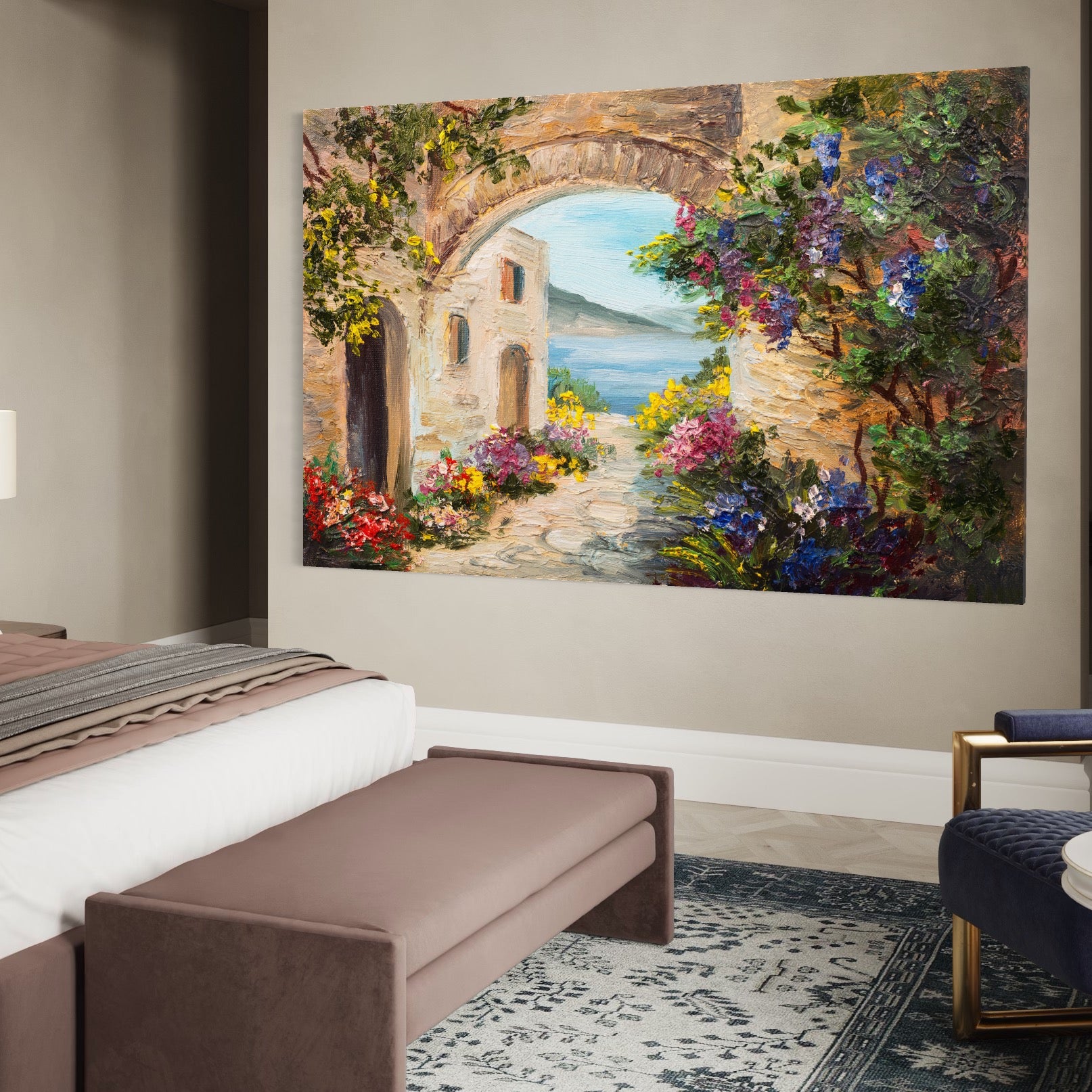 Tablou Canvas Premium LuxCanva® A1229, Arcada Cu Flori , Decorativ, Dormitor, Flori, Mare, Cladire, Arhitectura, Living, Culori Vibrante
