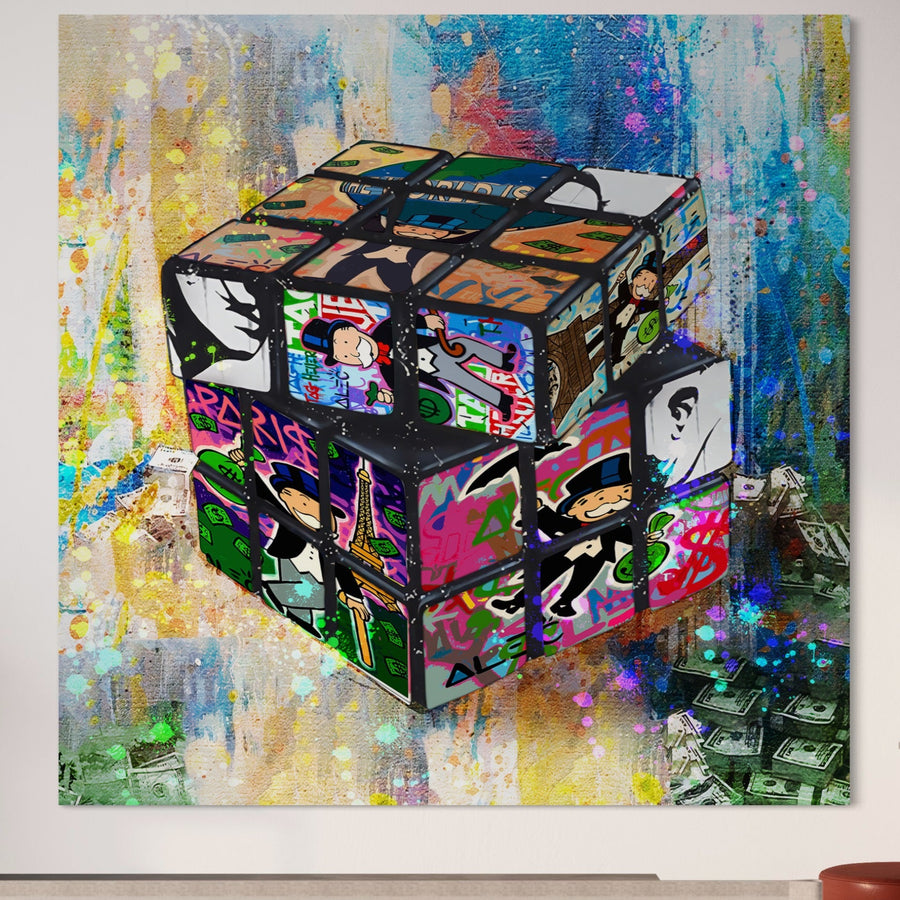LuxCanva® Tablou Canvas Premium A1227, Monopoly Cube: un Cub Rubic cu ilustrații pop art și graffiti pe panza bumbac, fundal abstract și bancnote. Decor modern pentru living sau camera copilului, în culori vibrante.