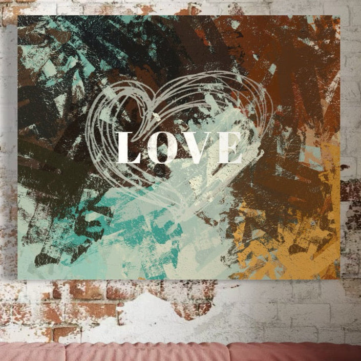Tablou Canvas Premium LuxCanva® C1083 prezintă tușe de pensulă abstracte vibrante și cuvântul "LOVE" în alb în interiorul unei inimi schițate, perfect pentru a adăuga inspirație camerei dvs. de zi sau dormitorului.