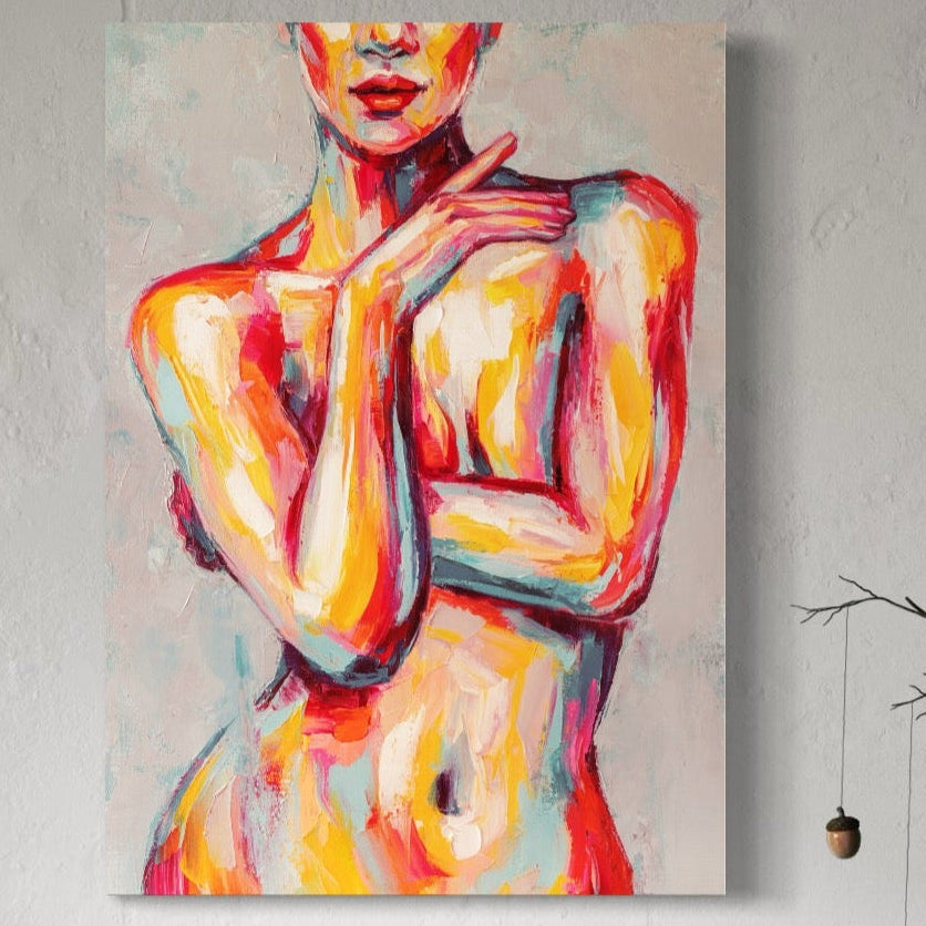 Tablou Canvas Premium LuxCanva® C1086 - Femeie Nud Abstract, cu culori vibrante roșu, galben, portocaliu și albastru, ideal pentru living sau dormitor; print pe pânză bumbac de calitate premium de la LuxCanva®.